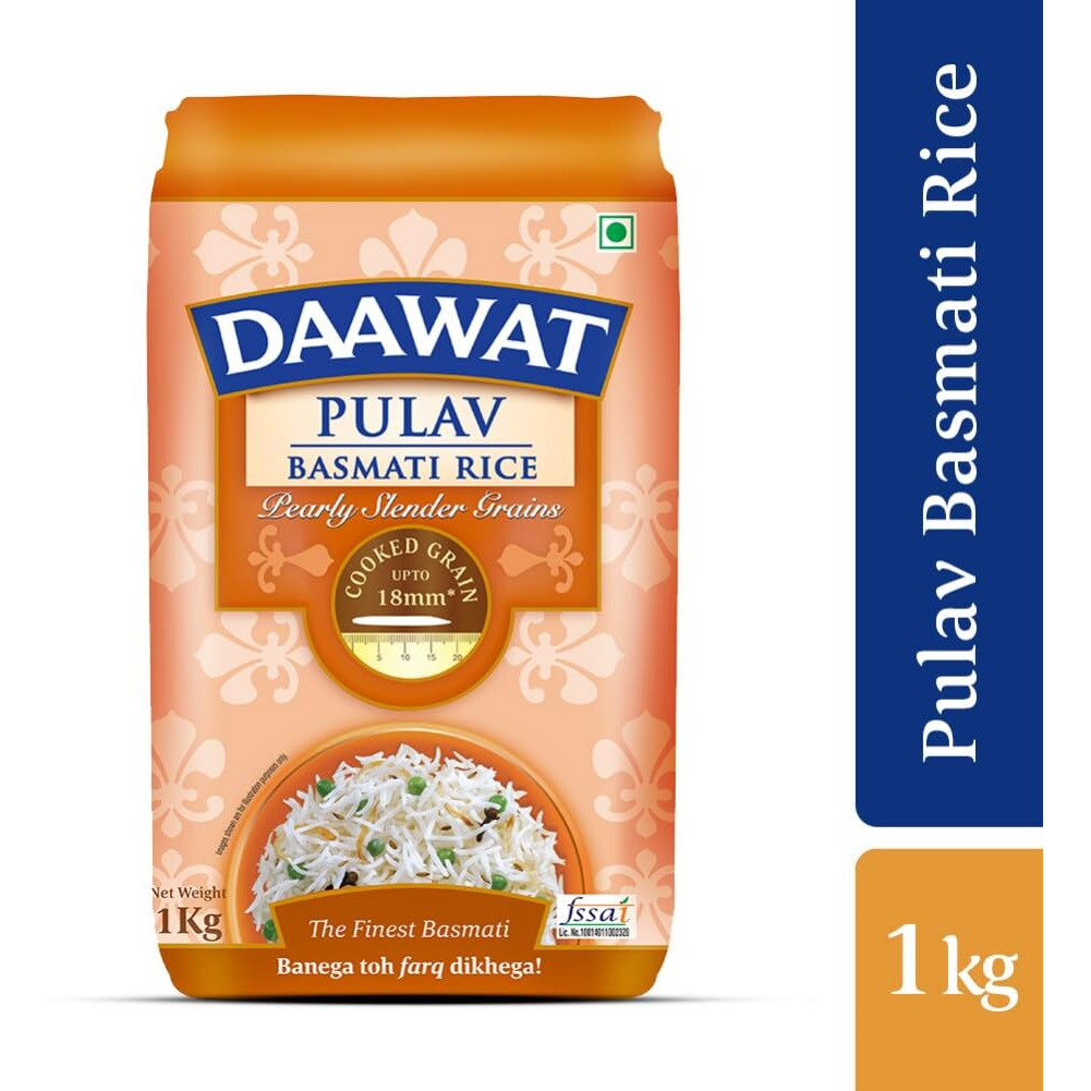 Daawat Pulav Basmati Rice 1Kg| Pearly slender Grains| Cooked Grain Upto 18mm*| Long & Fluffy Pulav Rice