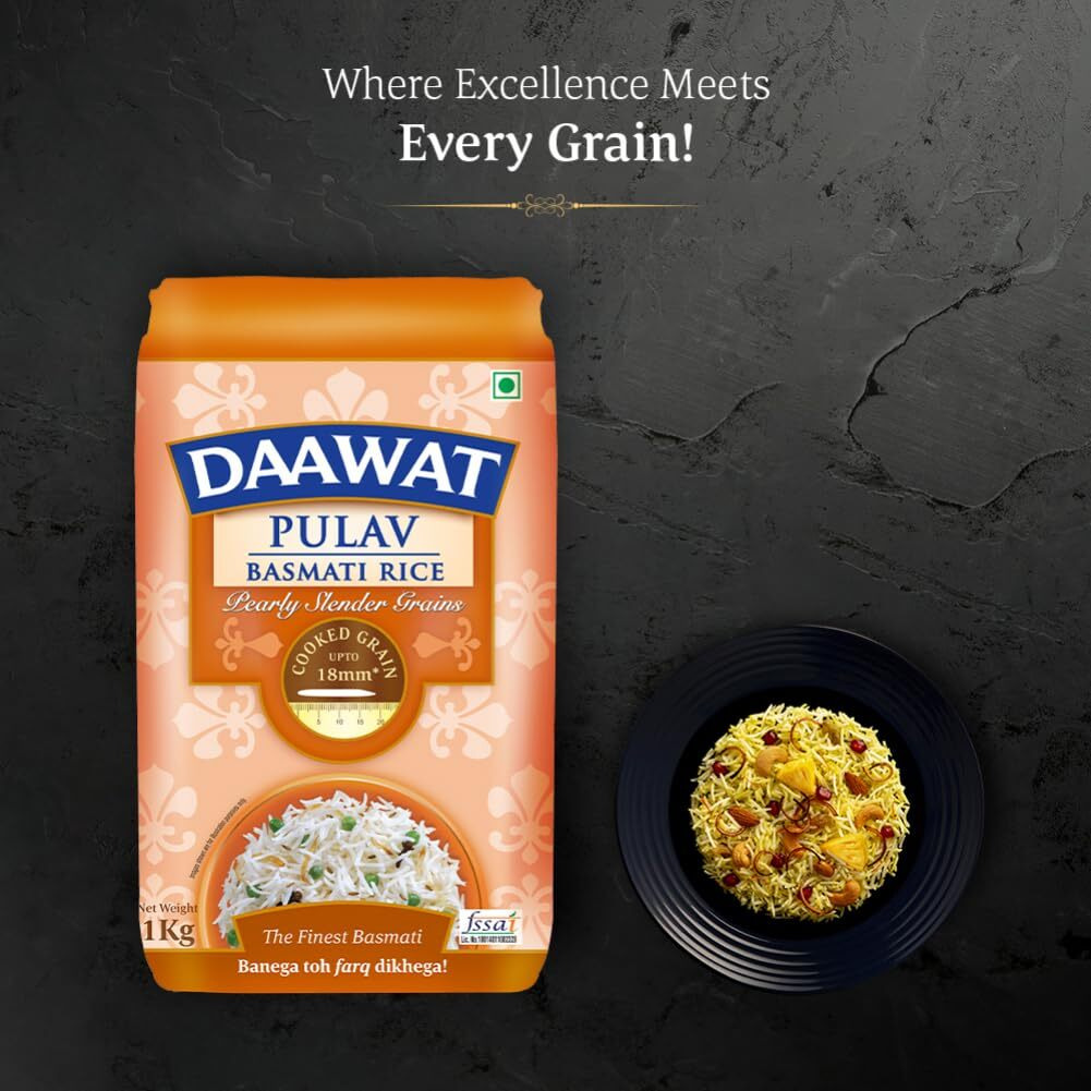 Daawat Pulav Basmati Rice 1Kg| Pearly slender Grains| Cooked Grain Upto 18mm*| Long & Fluffy Pulav Rice