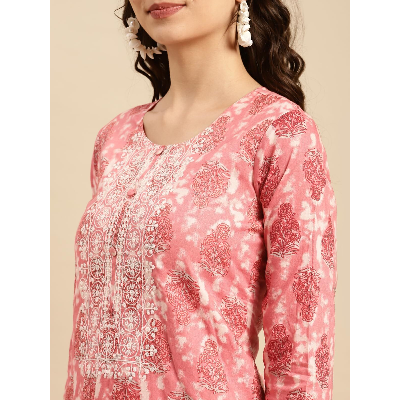 rangita Peach Cotton Embroidered Straight Kurta with Pant and Dupatta | Kurta Set for Women_M