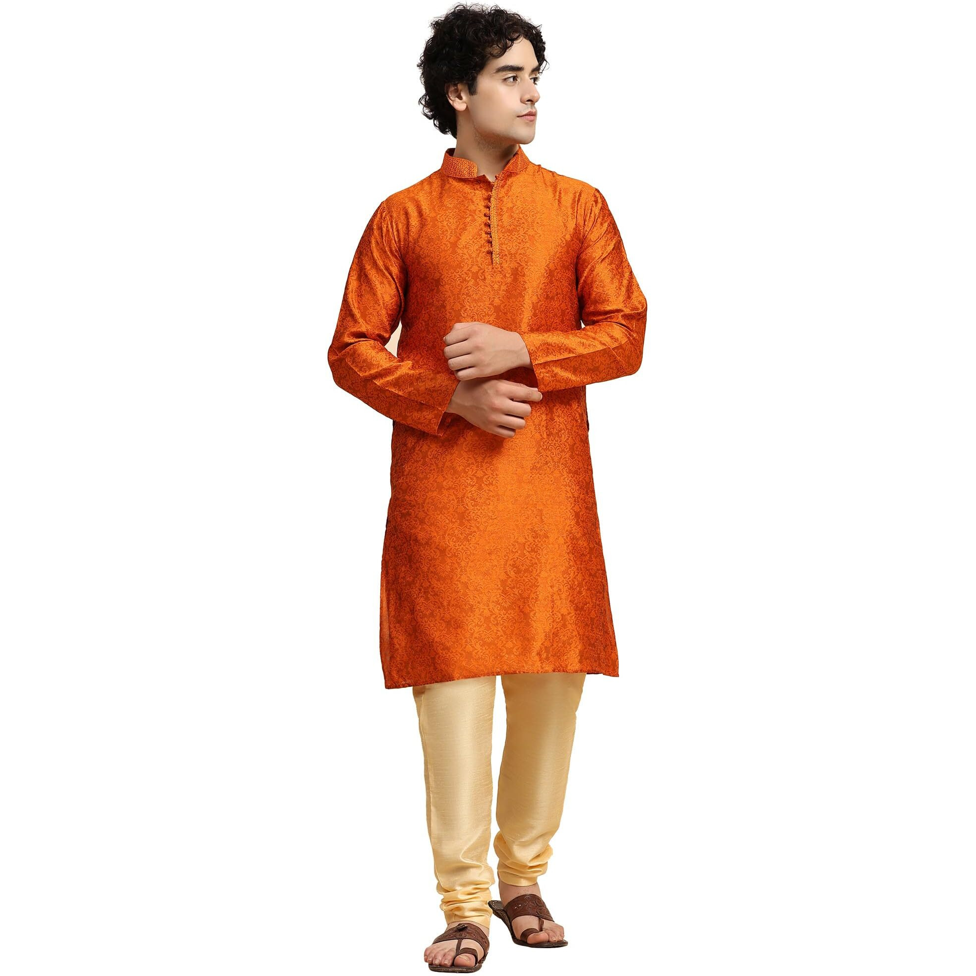 SKAVIJ Men's Art Silk Regular Kurta Pajama Festival Dress Set Brown_Large