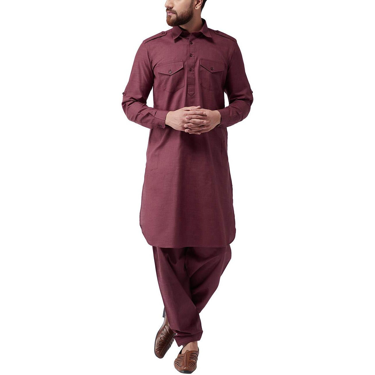 SOJANYA (Since 1958, Mens Maroon Cotton Pathani Kurta Salwar Set, Size L