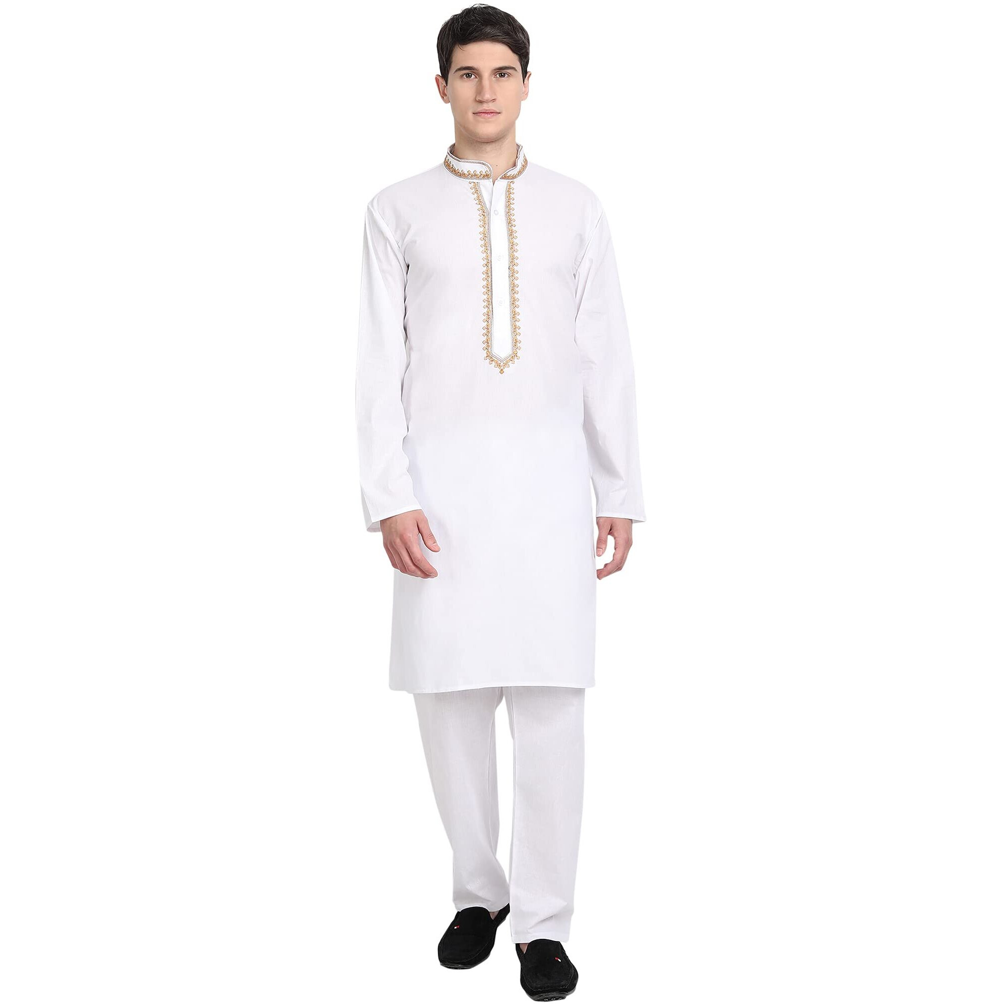 SKAVIJ Kurta Pajama Set for Men Embroidered Cotton Party Dress White S