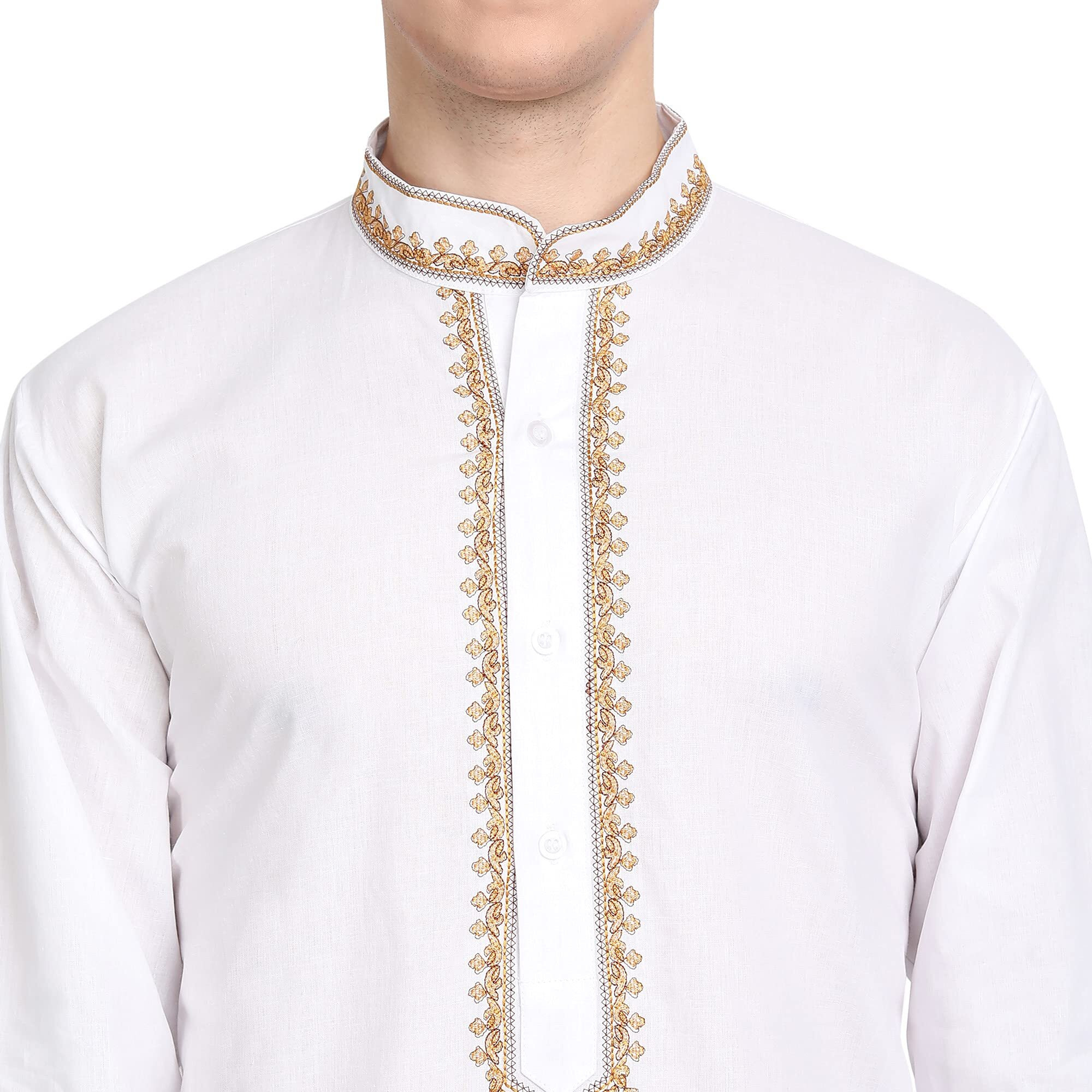 SKAVIJ Kurta Pajama Set for Men Embroidered Cotton Party Dress White S