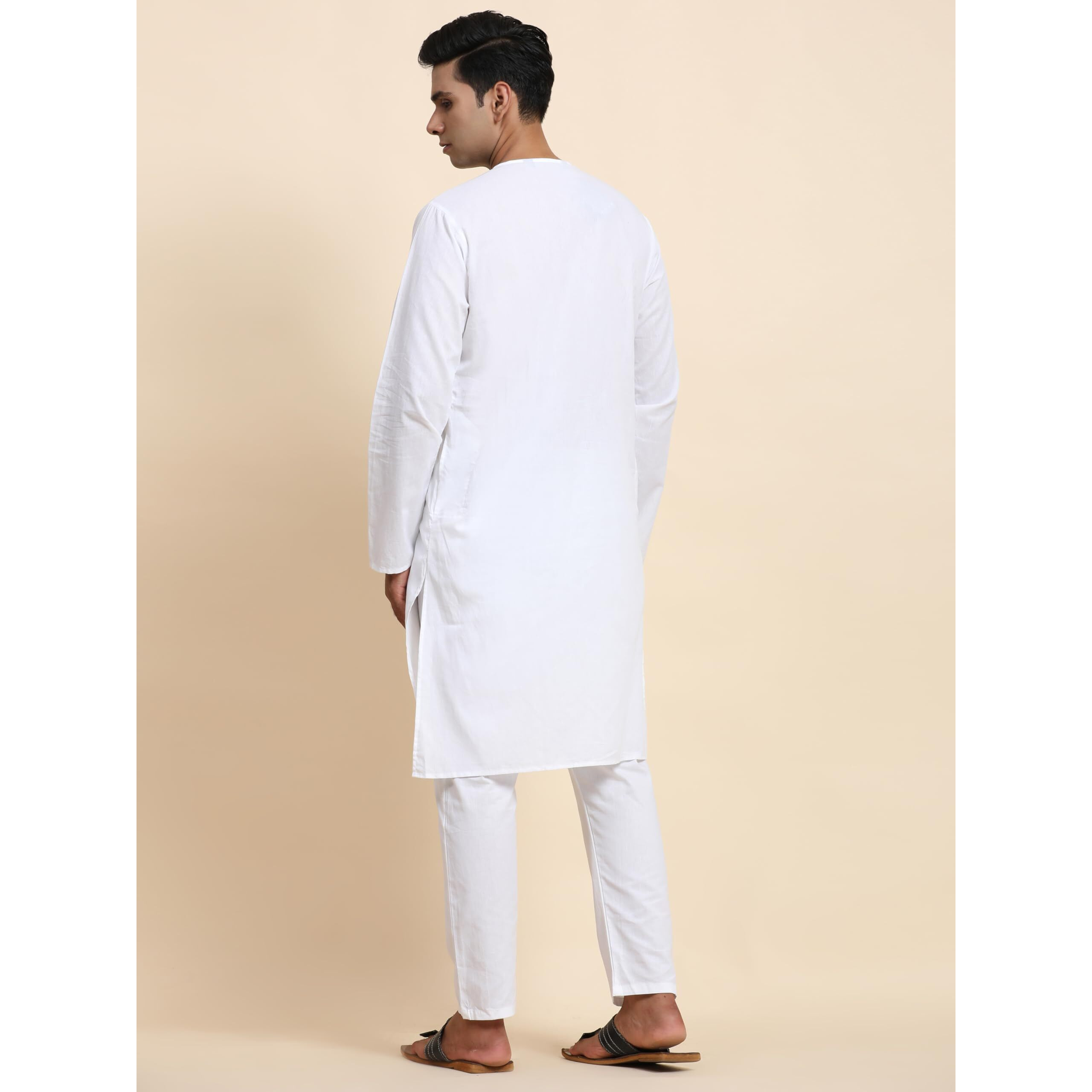 SKAVIJ Men's Cotton Casual Kurta Pajama Indian Dress Set White_L