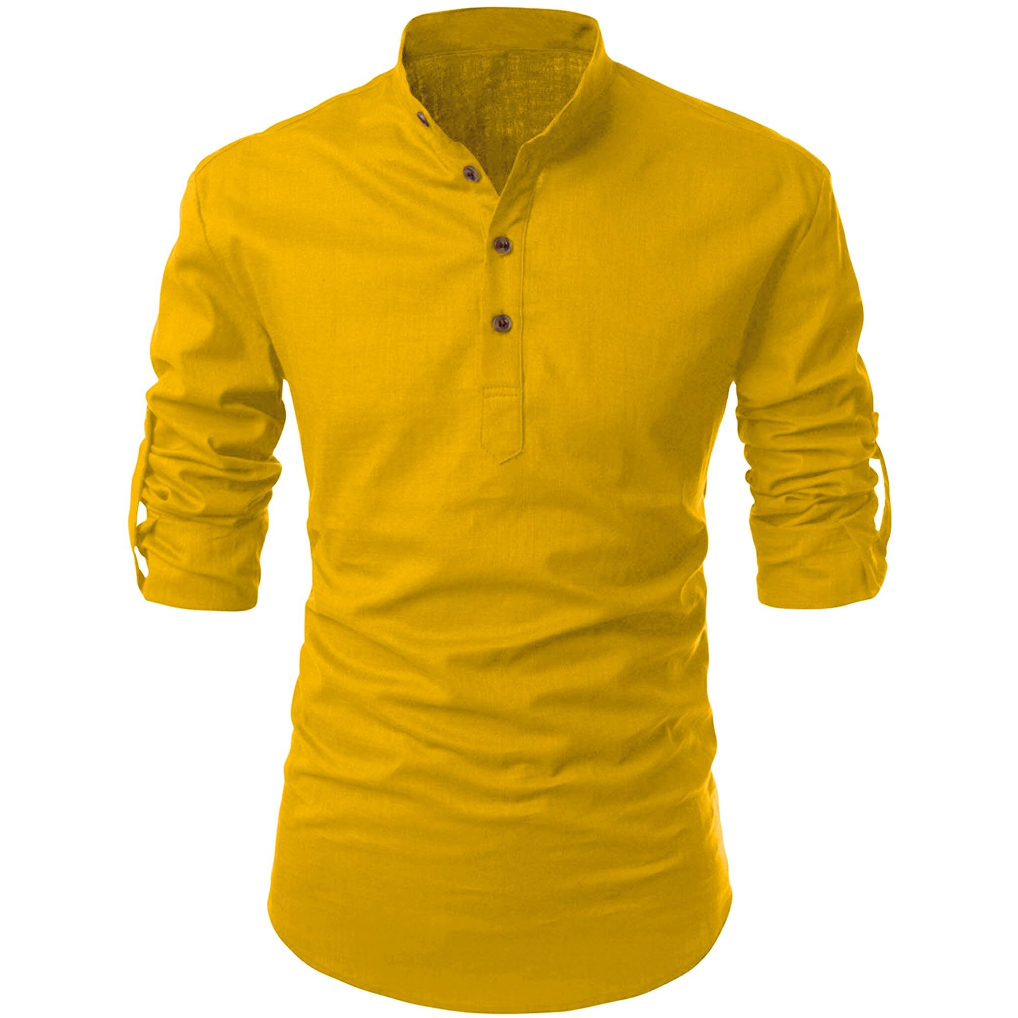 FINIVO FASHION Men's Cotton Blend Solid Full Sleeve Short Kurta Shirt Gold