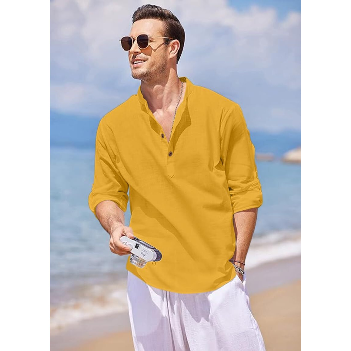 FINIVO FASHION Men's Cotton Blend Solid Full Sleeve Short Kurta Shirt Gold