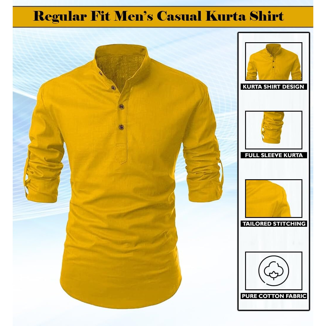 FINIVO FASHION Men's Cotton Blend Solid Full Sleeve Short Kurta Shirt Gold