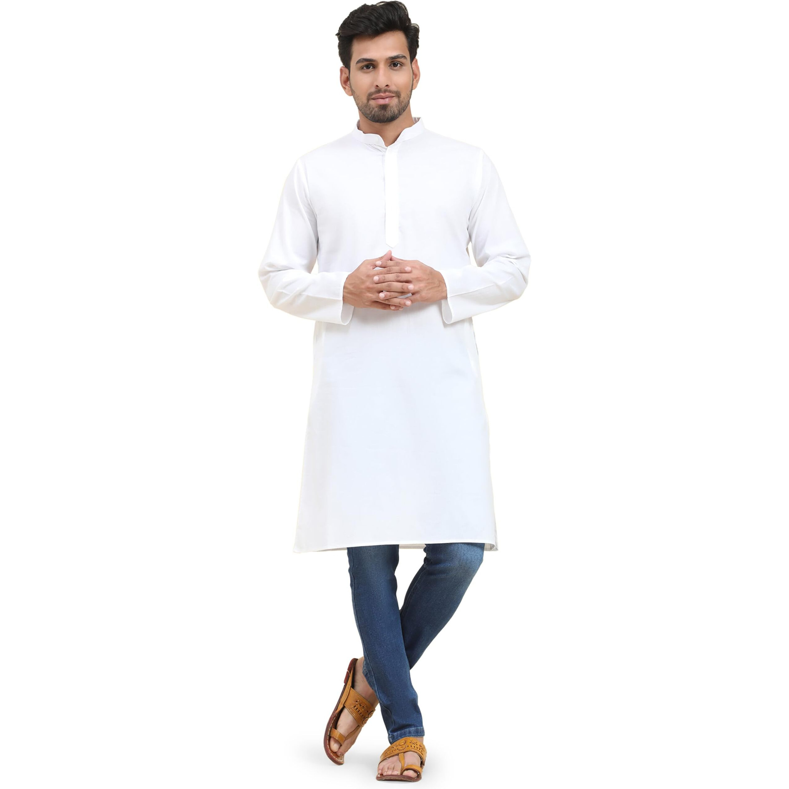 SKAVIJ Men's Cotton Kurta Casual Long Shirt Regular Fit (XX-Large, White)