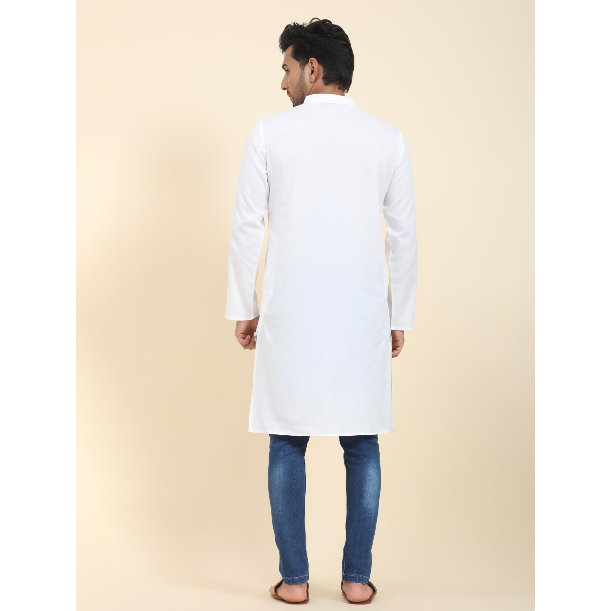 SKAVIJ Men's Cotton Kurta Casual Long Shirt Regular Fit (XX-Large, White)