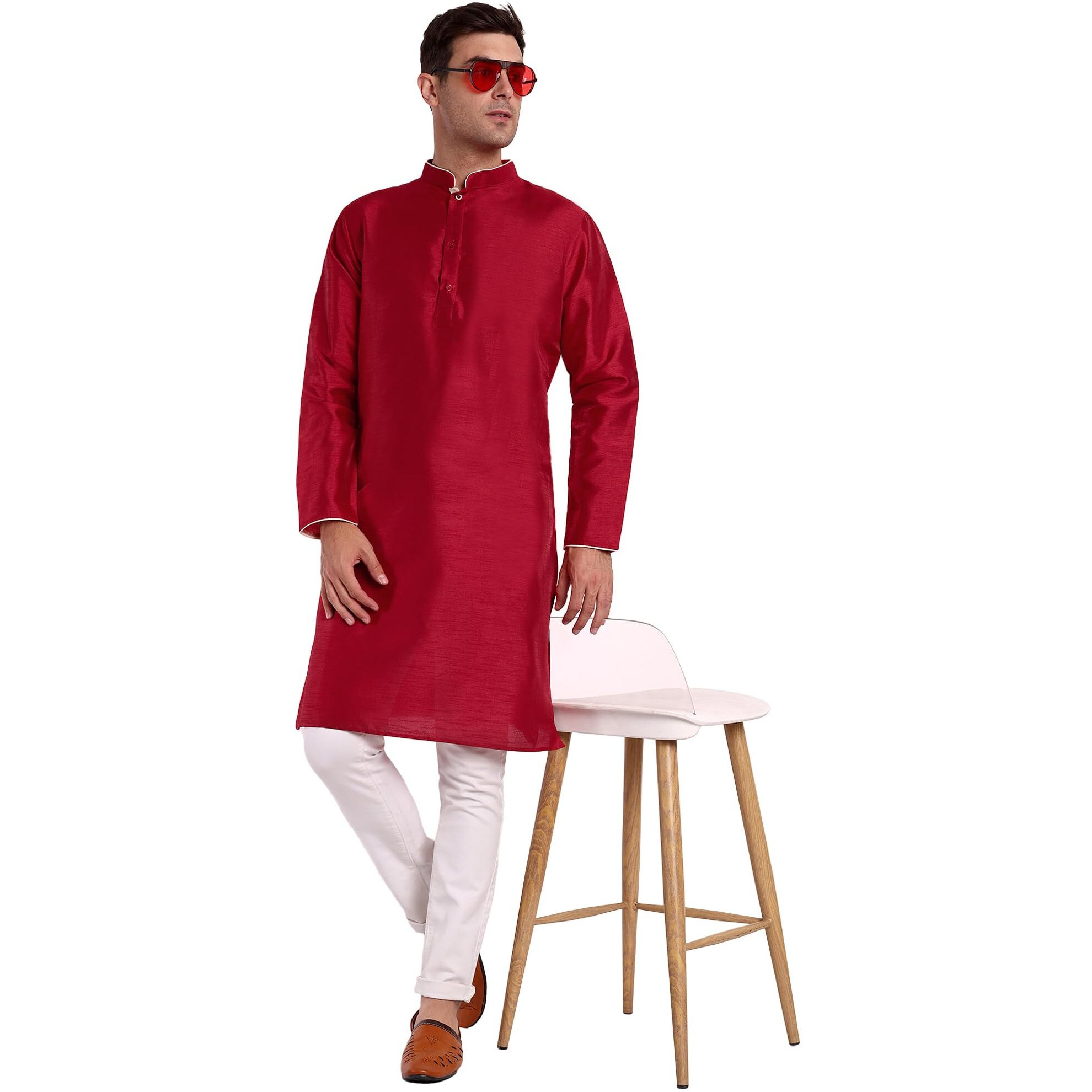 SKAVIJ Men's Silk Long Summer Casual Kurta Dress (Small, Red)