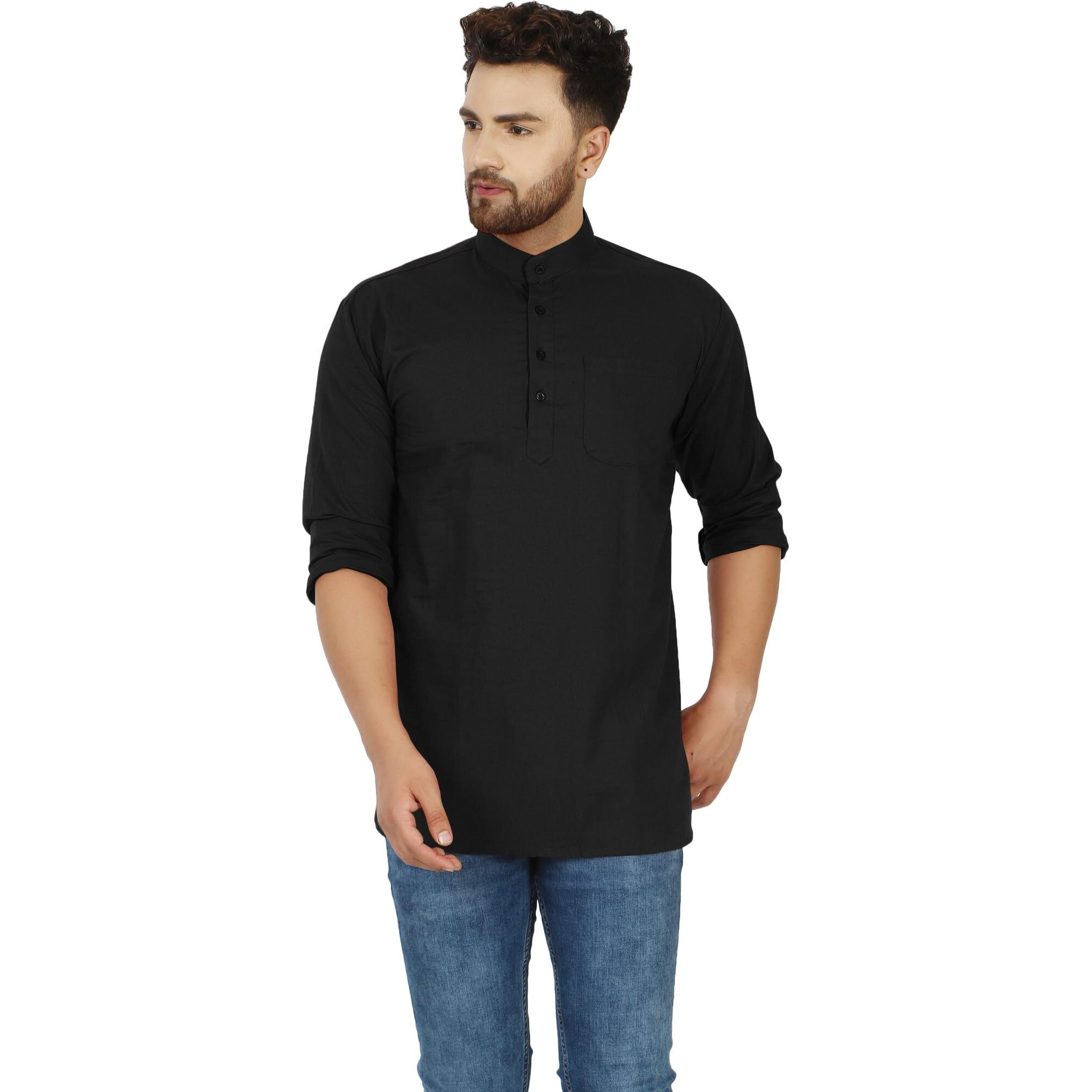 SKAVIJ Men's Cotton Tunic Long Sleeve Casual Short Kurta (Black_Small)