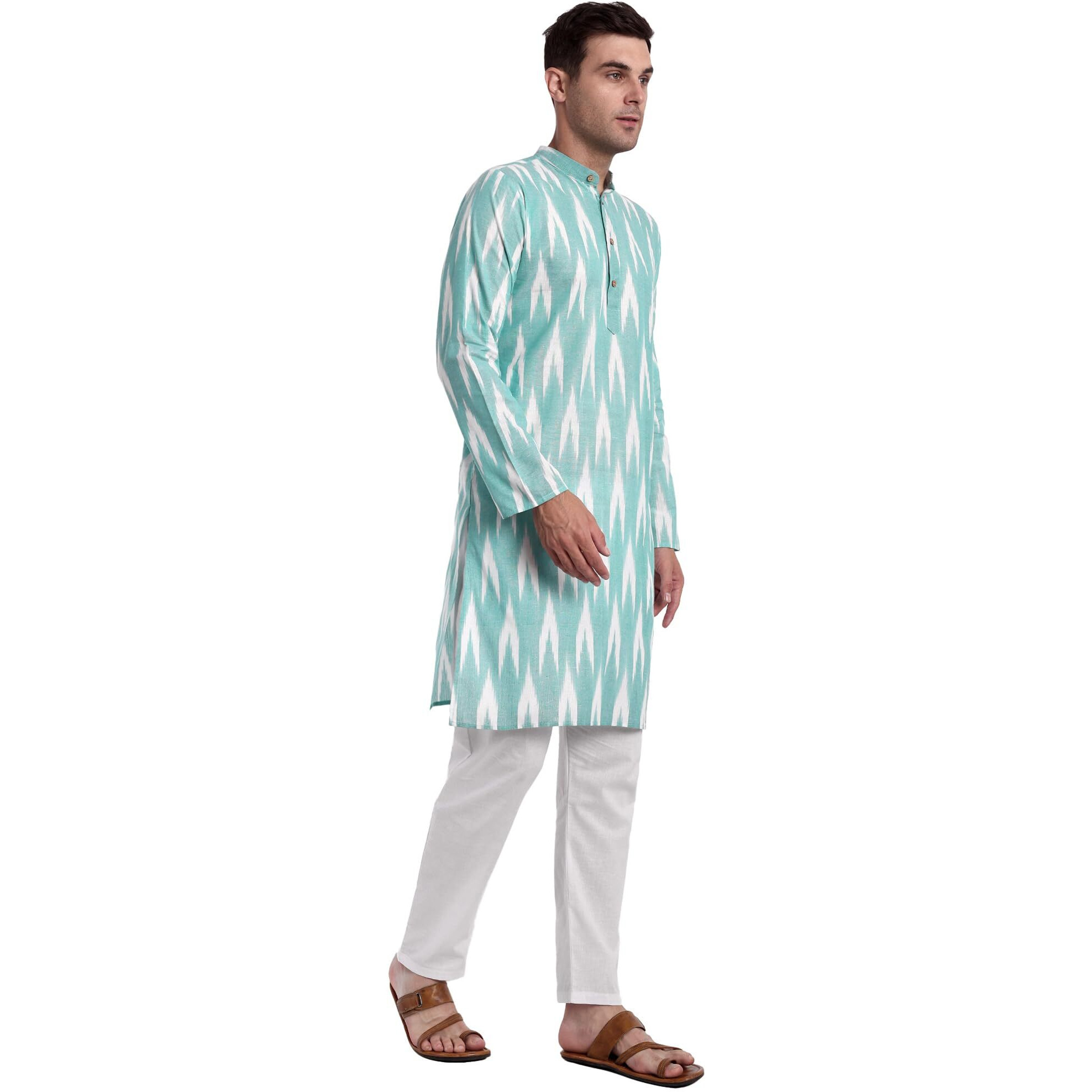 SKAVIJ Men's Kurta Pajama Set 100% Cotton Indian Ethnic Henley Shirt Long Sleeve and Casual Pants Yoga Outfits Sea_Green_X-Large