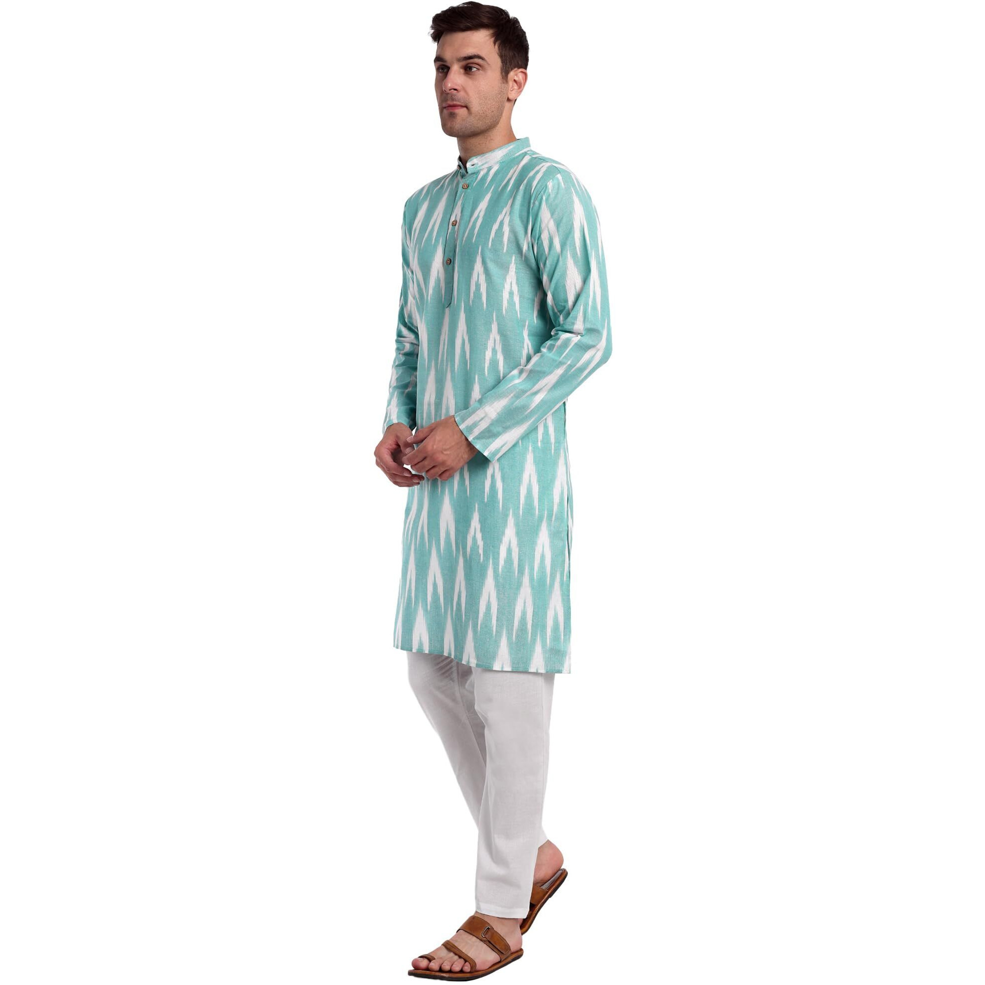 SKAVIJ Men's Kurta Pajama Set 100% Cotton Indian Ethnic Henley Shirt Long Sleeve and Casual Pants Yoga Outfits Sea_Green_X-Large