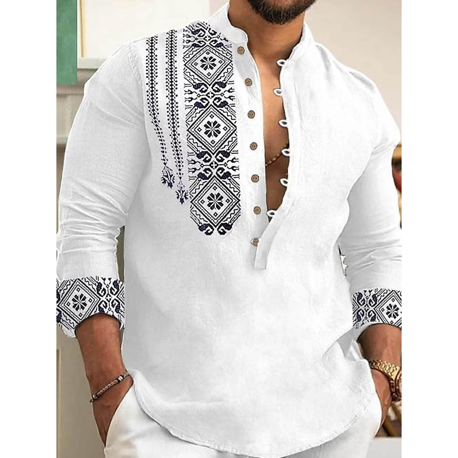 DEELMO Men's Cotton Blend Mandarin Collar Regular Fit Full Sleeve Casual Short Kurta, White, L