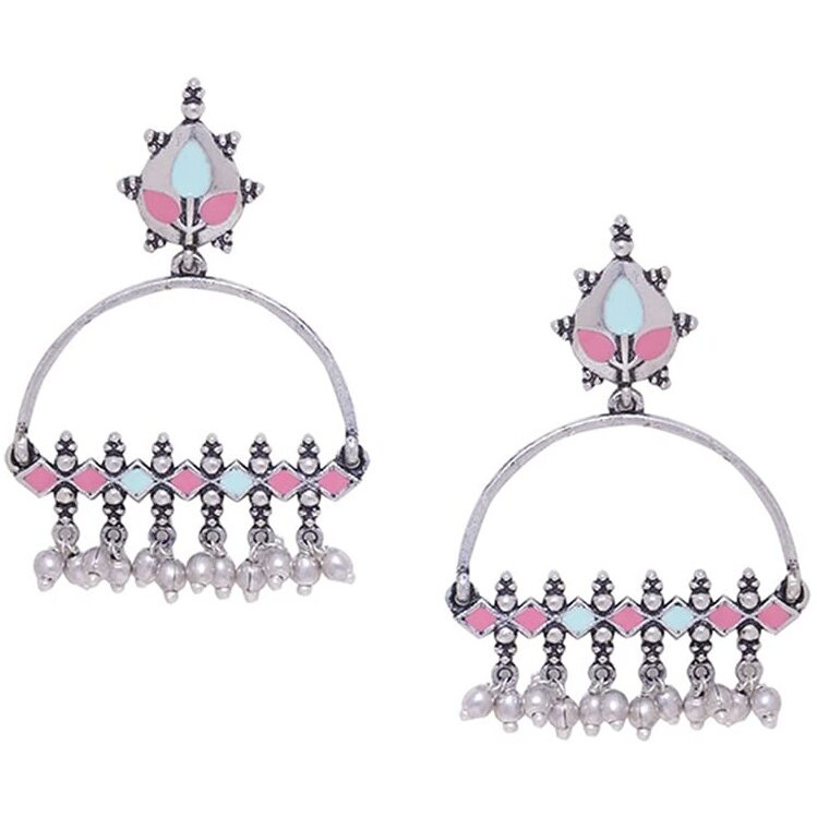 Voylla Brass Silver Oxidised plated Multicolor Pastel Colour Enamelled Embellished Oxidized Dangler & Drop Earrings with Silver Beads for Women and Girls