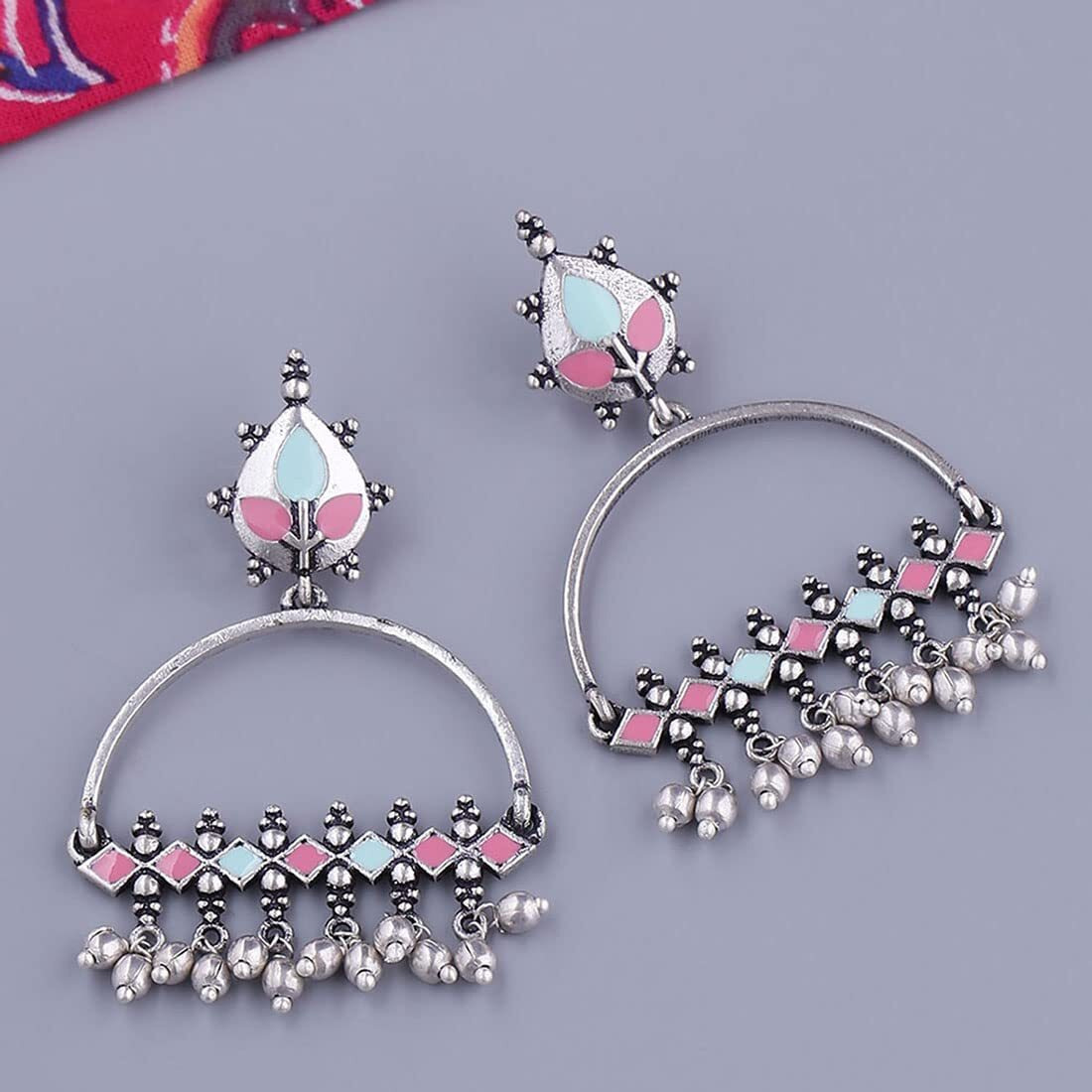 Voylla Brass Silver Oxidised plated Multicolor Pastel Colour Enamelled Embellished Oxidized Dangler & Drop Earrings with Silver Beads for Women and Girls