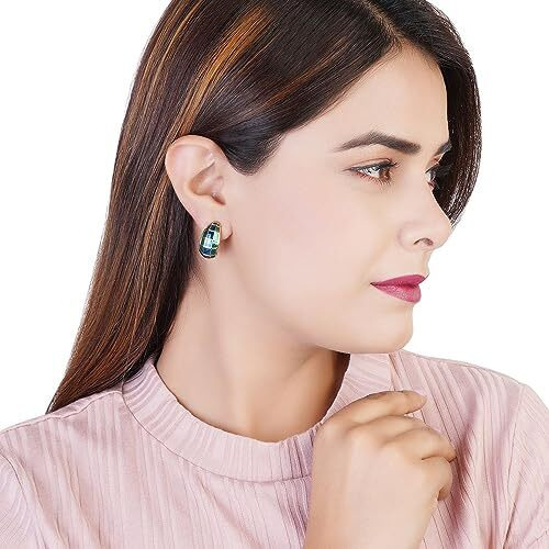 Estele Blue and Green Gold Tone Plated Metal Brass Enamel Stud Earrings for Girls and Women