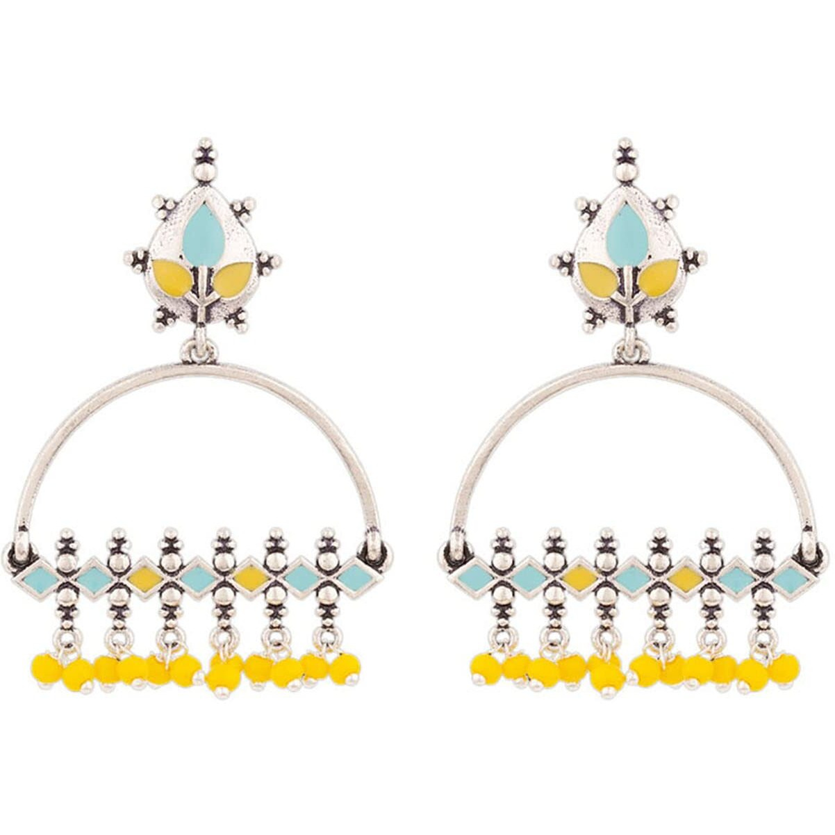 Voylla Brass Silver Oxidised Multicolor Enamel Embellished Dangler Earrings with Yellow Beads for Women and Girls