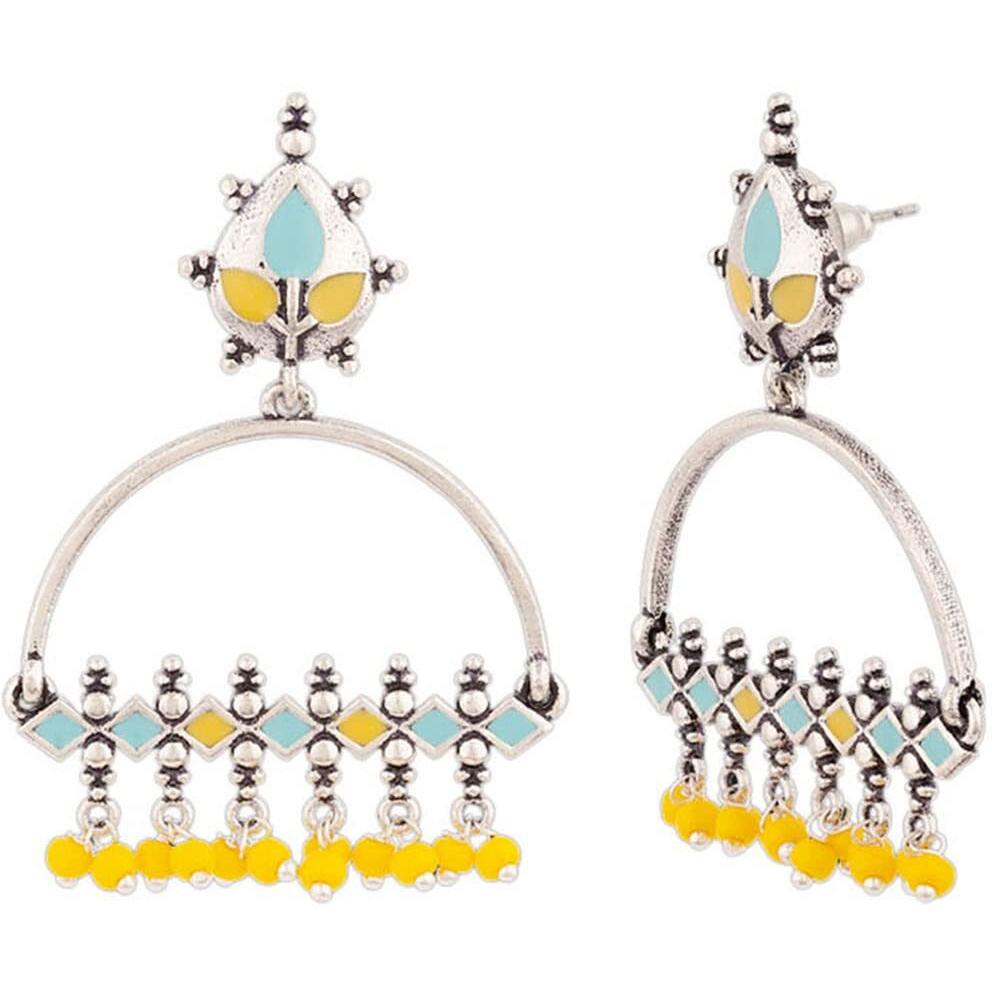 Voylla Brass Silver Oxidised Multicolor Enamel Embellished Dangler Earrings with Yellow Beads for Women and Girls