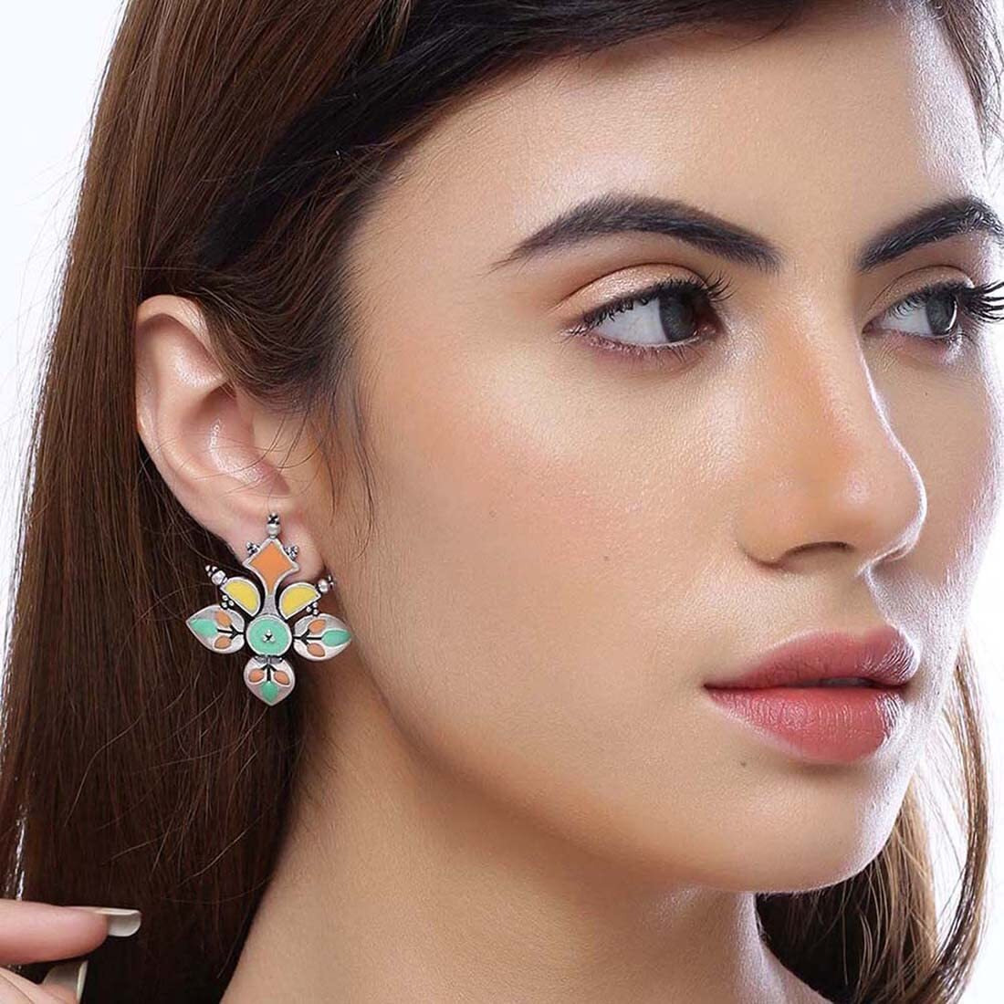 Voylla Silver Brass Bagh E Fiza Rangoli Pattern Oxidised toned Pastel Colourful Enamelled Embellished Leaf Design Dangle & Drop Earrings for Women and Girls