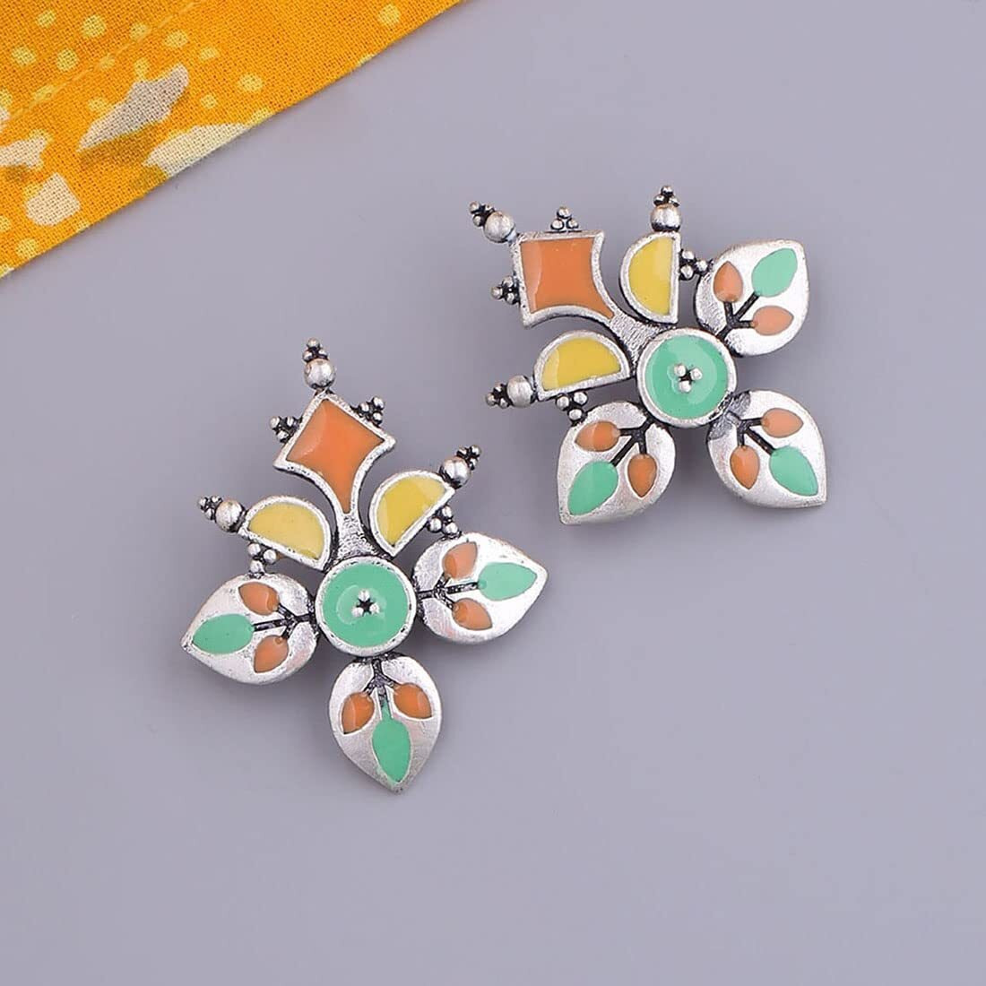 Voylla Silver Brass Bagh E Fiza Rangoli Pattern Oxidised toned Pastel Colourful Enamelled Embellished Leaf Design Dangle & Drop Earrings for Women and Girls