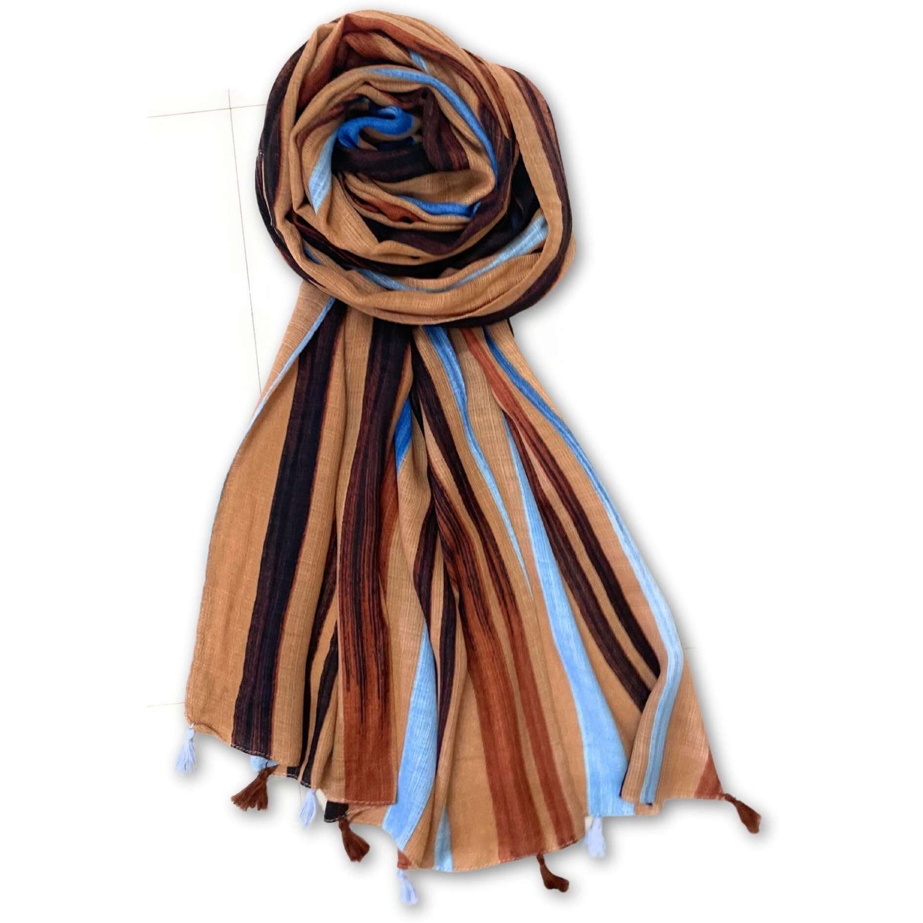 FAHABO Cotton Weave Scarves for Women with Tassels |Stylish, Soft, & Lightweight | Hijab Scarf | Headscarf | Neck Scarf (Blue,Brown)