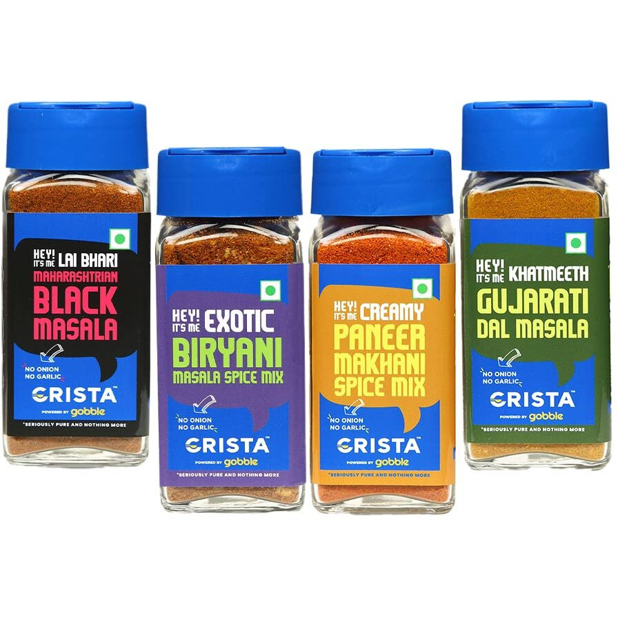 CRISTA Flavours of India - Gourmet Indian Spice Combo | Maharashtrian Black Masala x 1, 50 gms | Biryani Mix x 1, 45 gms | Gujarati Dal x 1, 45 gms | Paneer Makhani Spice Mix x 1, 50 gms | Set of 4