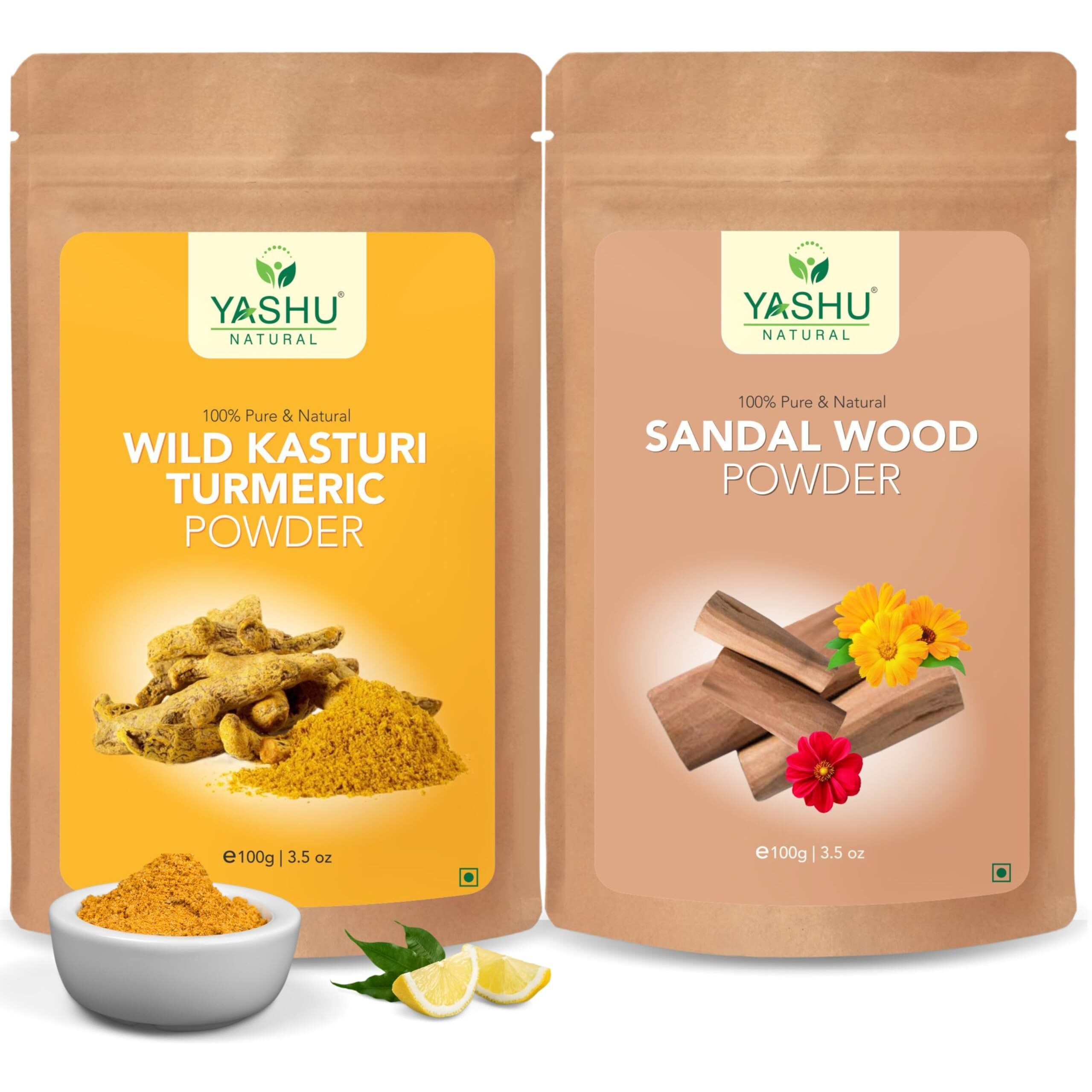 YASHU Pure & Organic Kasturi Turmeric (Kasturi Manjal) Haldi Chandan (Sandalwood) De-Tan Face Pack Combo for Skin Brightening & Glow - Pack of 2 (200g)