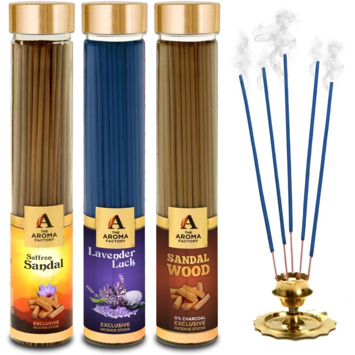 The Aroma Factory Kesar Chandan, Lavender & Sandalwood Agarbatti for Pooja,Luxury Incense Sticks,100% Herbal Fragrance Agarbathi (Bottle Pack of 3x100g)