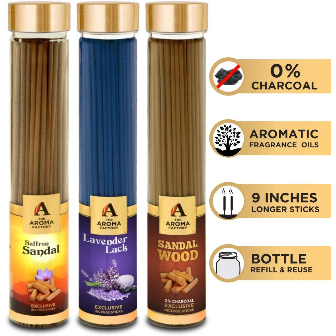 The Aroma Factory Kesar Chandan, Lavender & Sandalwood Agarbatti for Pooja,Luxury Incense Sticks,100% Herbal Fragrance Agarbathi (Bottle Pack of 3x100g)