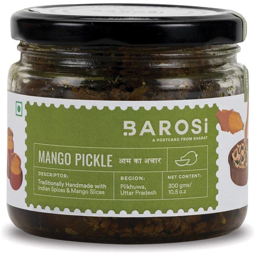 Barosi Mango Pickle 300gm | Traditional Recipe, Handmade with Mustard Oil & Rock Salt | Low Oil, No Artificial Preservatives | Tasty Aam Ka Achar | Glass Jar