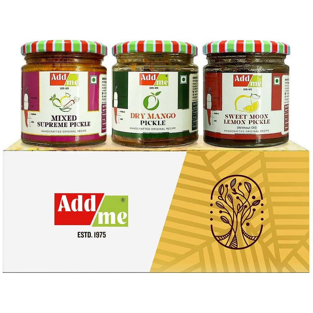 Add me Home Made Handmade Dry Mango Pickle Gift Box sukha aam ka achar 150gm, Lemon Pickle khatta meetha nimbu ka achar 200gm & Mixed Pickle 200gm, Mix Combo Gift Pack Glass jar