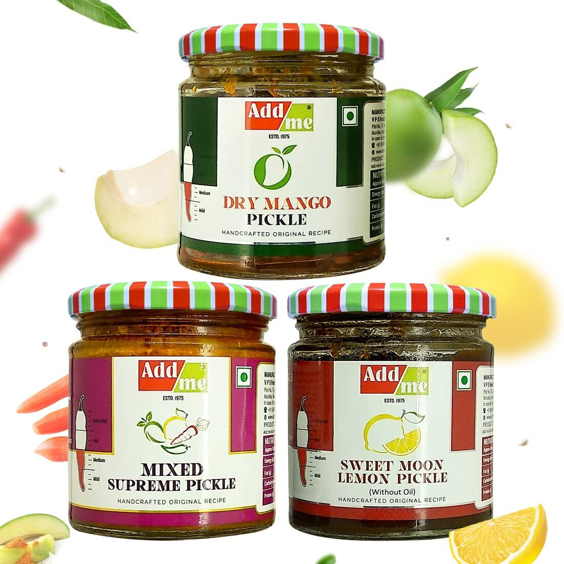 Add me Home Made Handmade Dry Mango Pickle Gift Box sukha aam ka achar 150gm, Lemon Pickle khatta meetha nimbu ka achar 200gm & Mixed Pickle 200gm, Mix Combo Gift Pack Glass jar