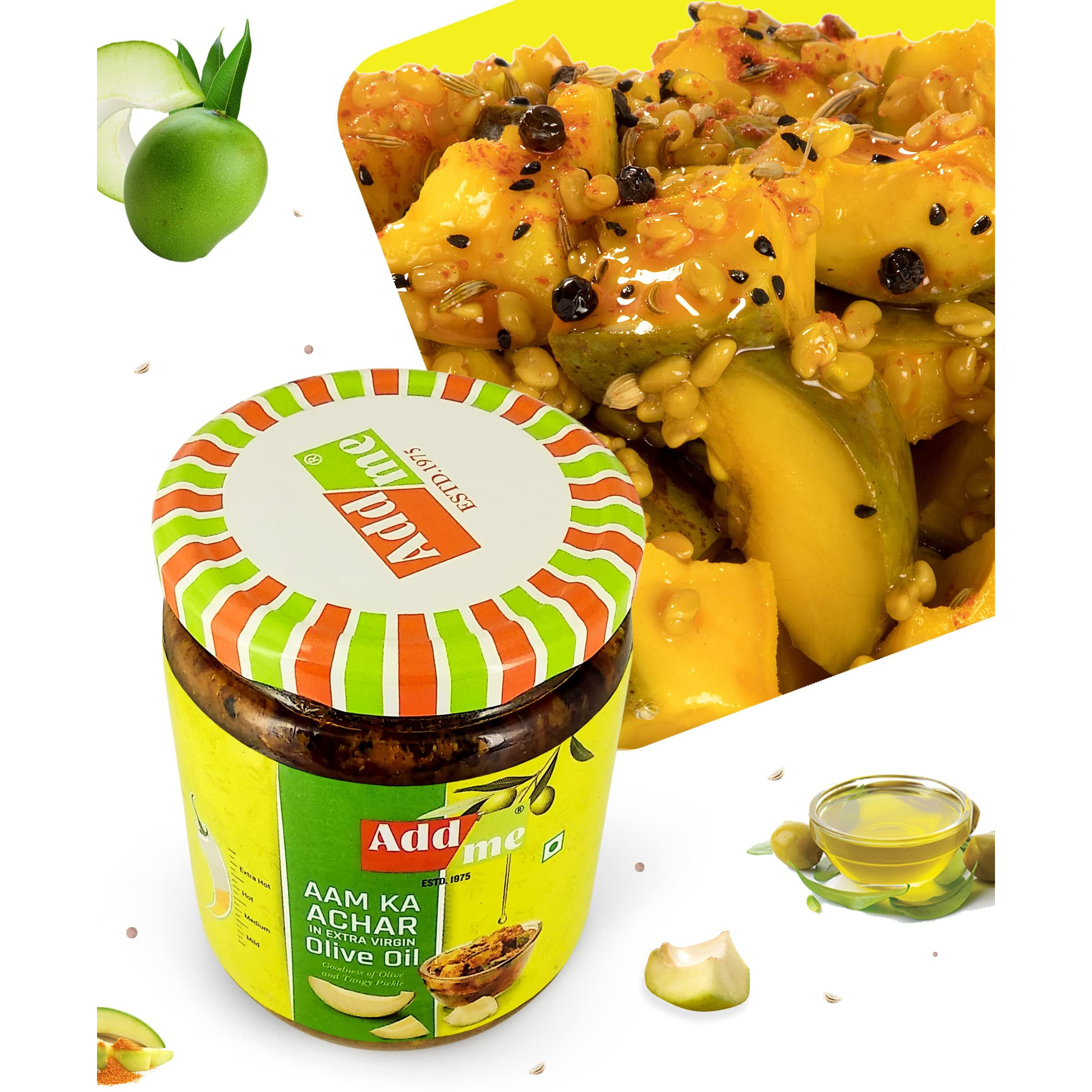 Add me Mango Pickle Aam Ka Achar in Extra Virgin Olive Oil 500 gm Pickles Glass Pack