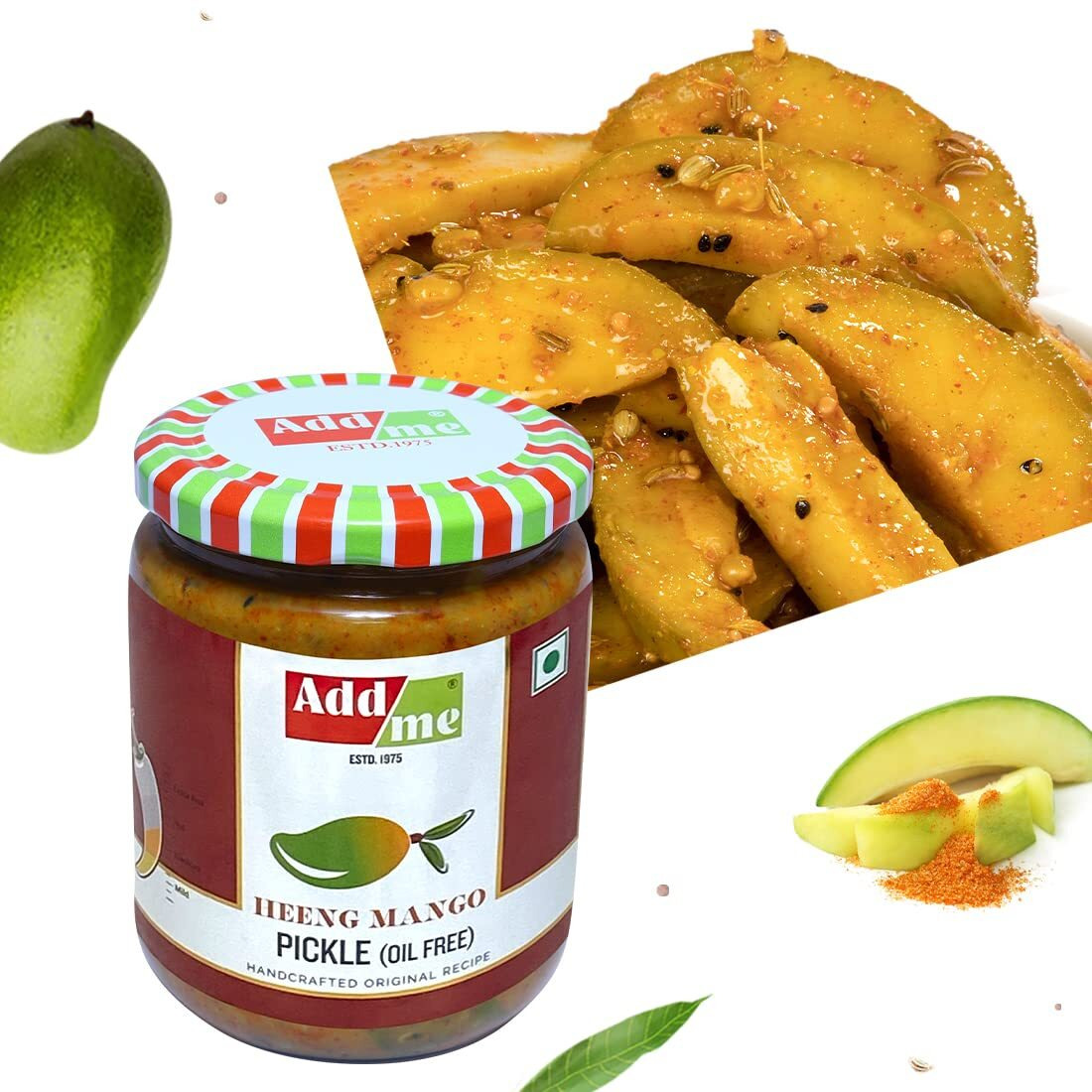 Add me Home Made Heeng Mango Pickles 500gm Without Oil Aam ka Achar Hing Lonji Glass Pack