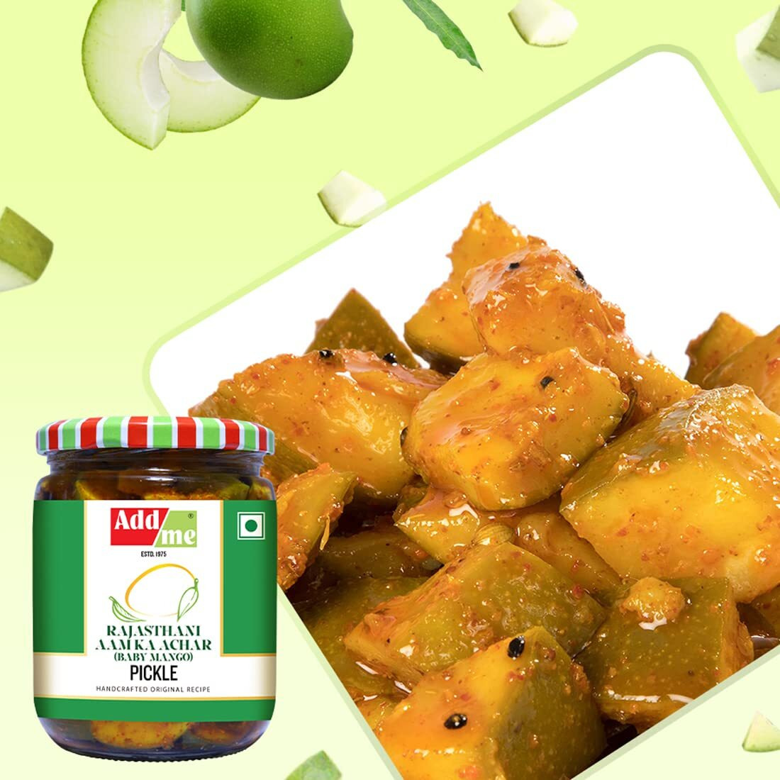 Add me Mango Pickle 500g Without Stone, Seed Less Cut Mango Marwadi Rajasthani Recipe, aam ka achar in Mustard Oil Pickles Baby Mango Soft and Tangy Glass Pack