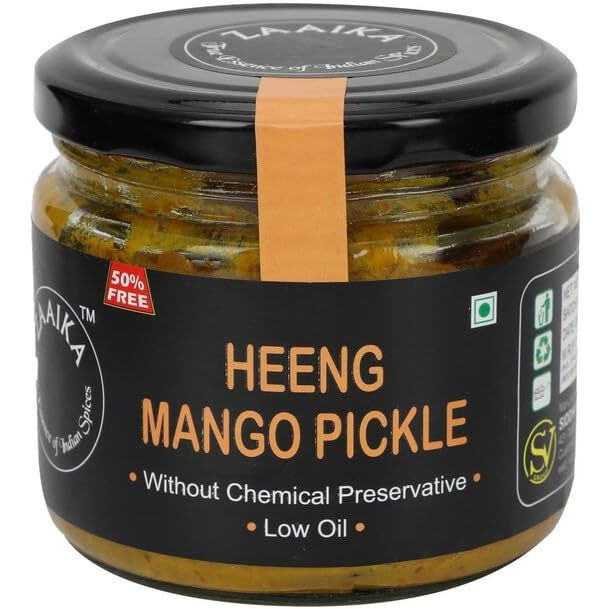 ZAAIKA Heeng Mango Pickle Low Oil Indian Traditional Home Made Hing Aam Ka Achaar with Glass Jar | No Preservatives - 300 Grams