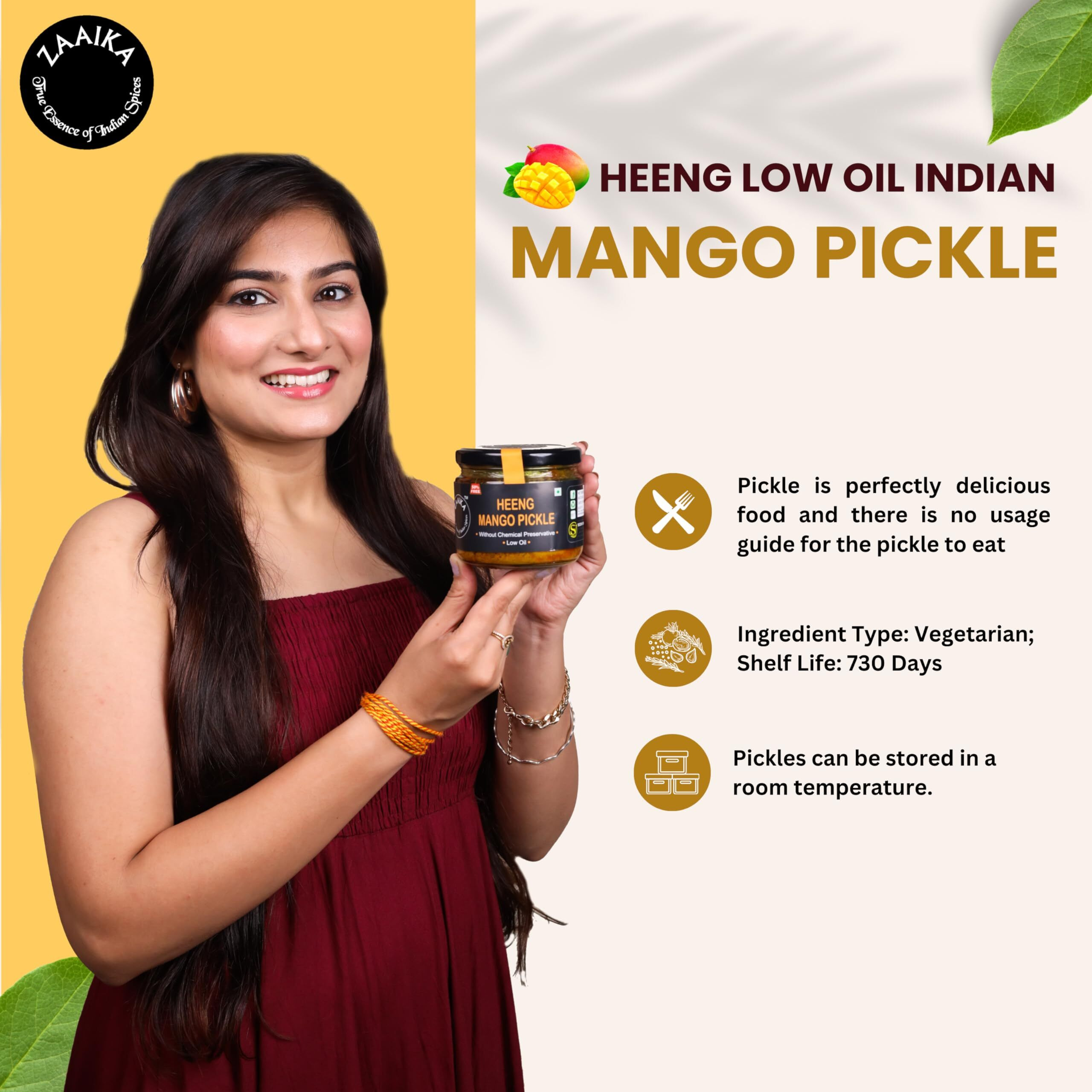 ZAAIKA Heeng Mango Pickle Low Oil Indian Traditional Home Made Hing Aam Ka Achaar with Glass Jar | No Preservatives - 300 Grams