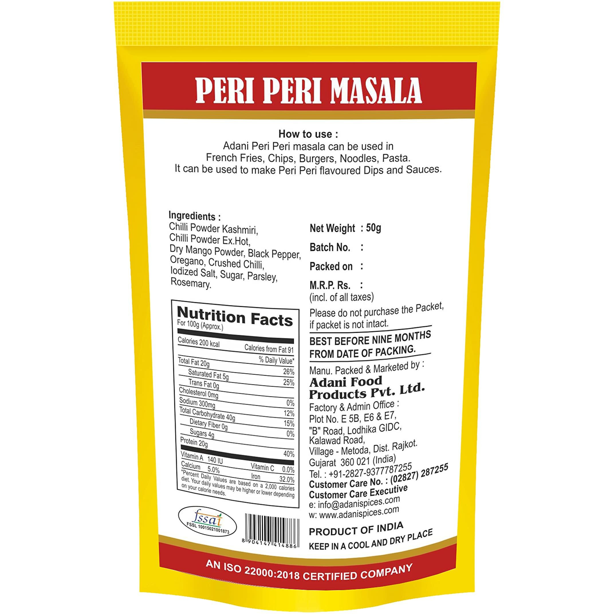 Adani Spices | Peri Peri Masala Powder Instant Spice For Seasoning for French Fries, Pizza, Pasta & Much More 50gm Each Pack of 4 -All Natural Ingredients | No Added Preservatives