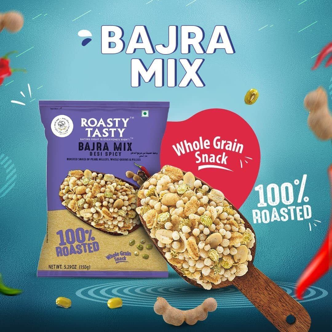 Roasty Tasty Bajra Mix Desi Spicy | Healthy Snacks - Low Calorie, Low GI, Non Fried | Millet Snacks - Made using Roasted Bajra | Cholesterol Free Diet Snacks - No Transfat | Chatpata Roasted Namkeen 200g