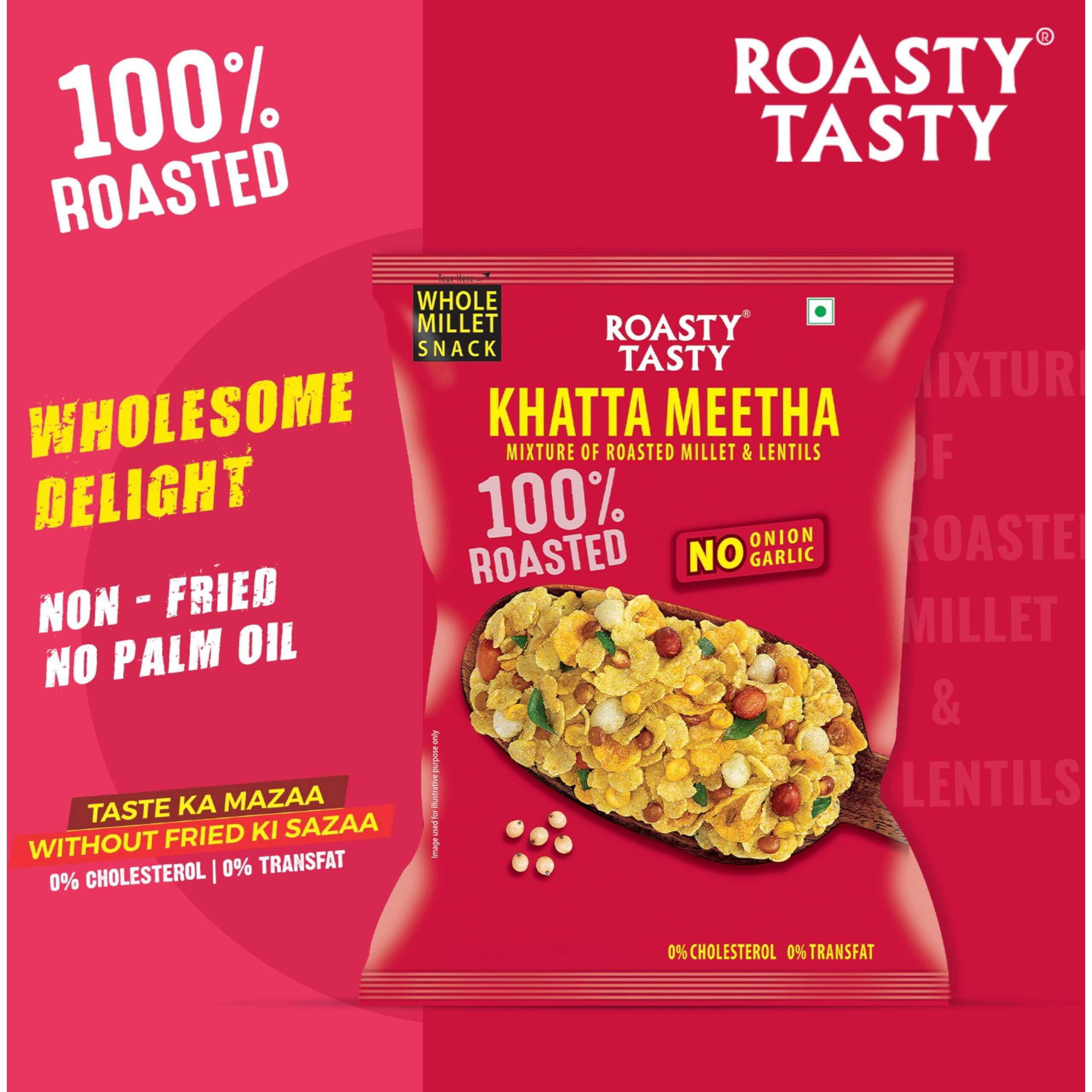 Roasty Tasty Khatta Meetha Roasted Millet Namkeen Snack 200gm | Oil-Free, Millet Snack For Kids | No Onion, No Garlic | Healthy Snacks