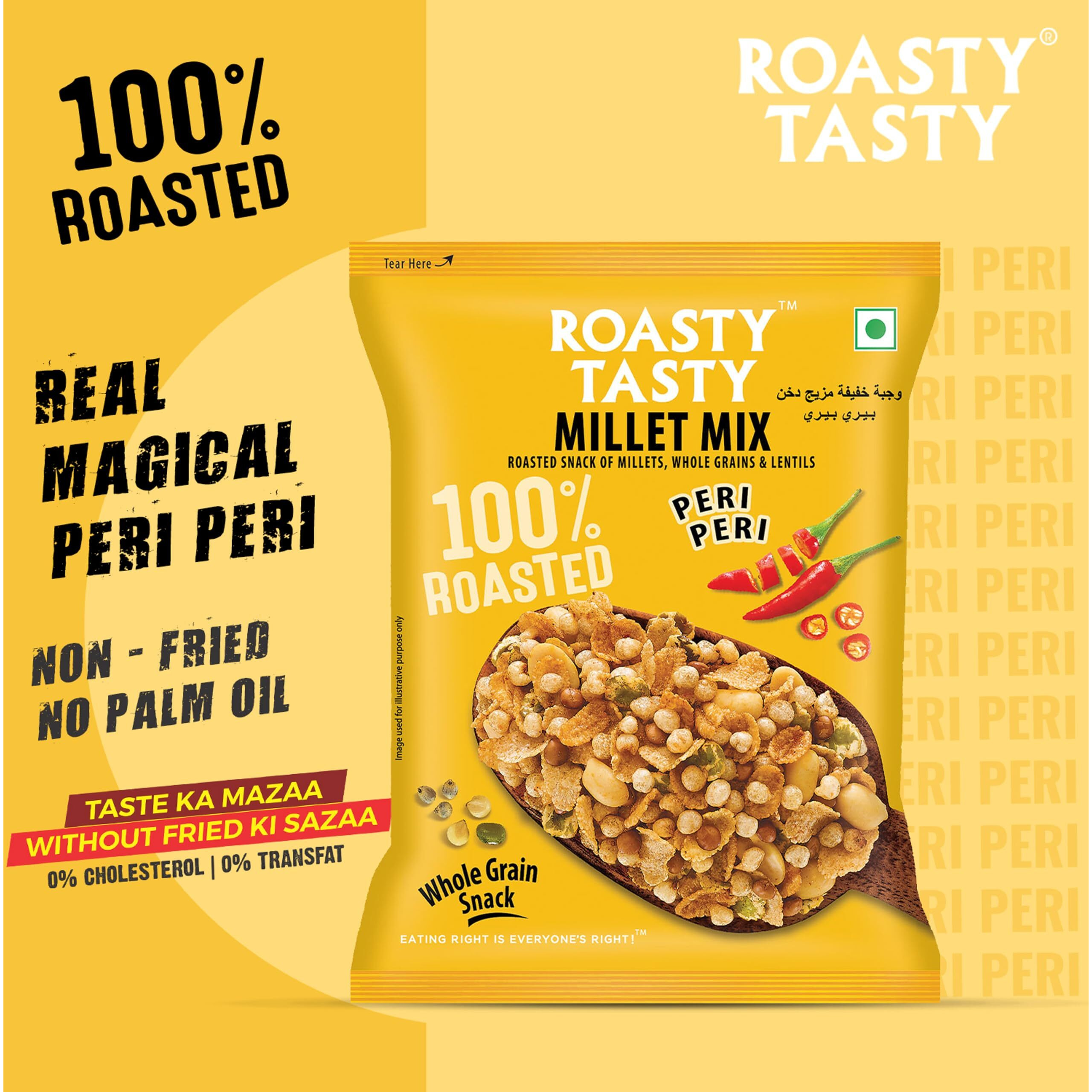 Roasty Tasty Millet Mix Peri Peri 340g | Healthy Snack of Roasted Bajra, Wheat Flakes, Moong, Masoor, Peanuts Ideal Millet Namkeen for Kids & Adults | Low Calorie Snacks - Roasted Namkeen - No Cholesterol, No Transfat Diet Mixture in Peri Peri Masala | Millet Snacks Items