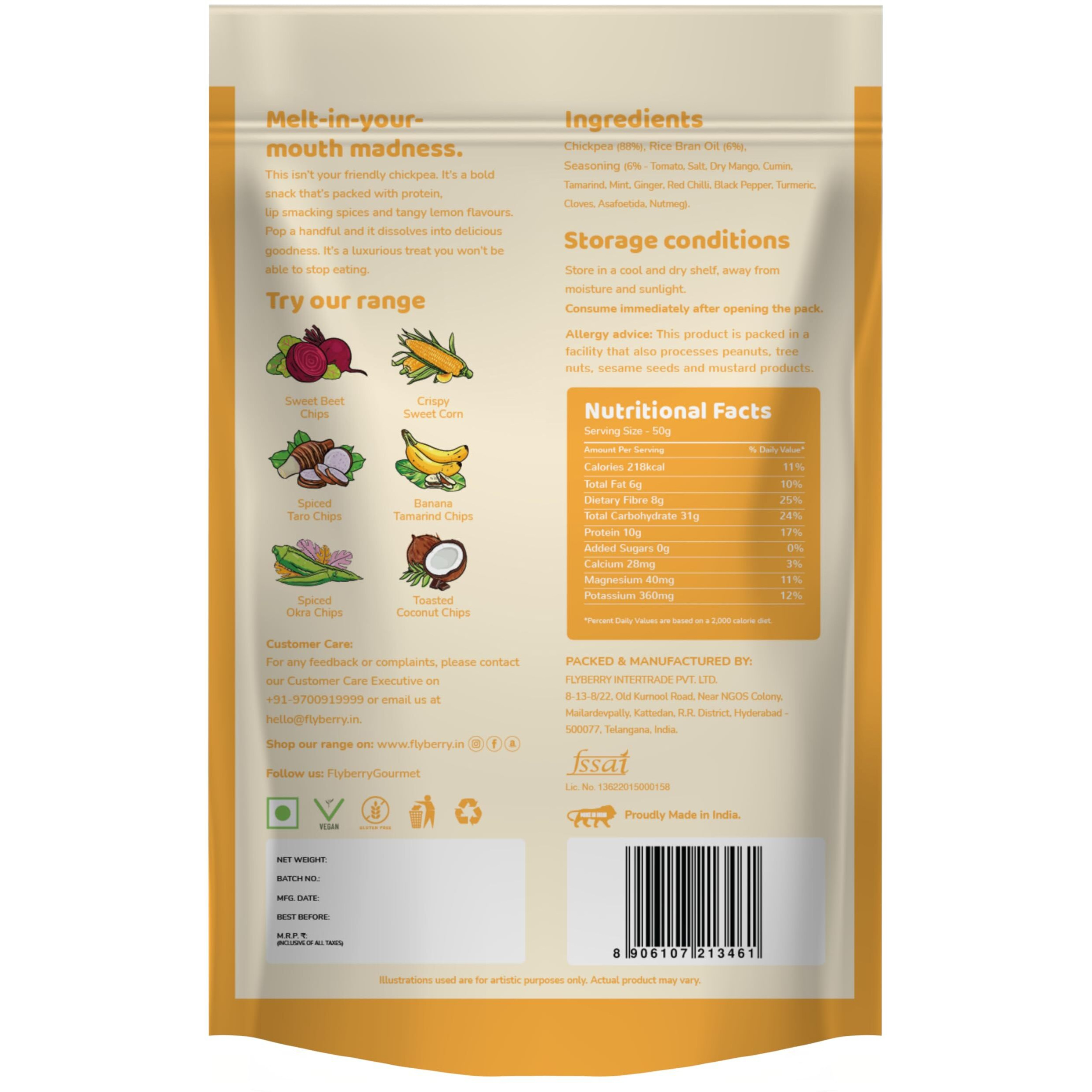 Flyberry Gourmet Chickpea Crisps 50g, Vacuum Cooked - with 10g Plant Protein, No Palm Oil, Less than 6% Rice Bran Oil, Healthy Snacking with High Fibre Content, No Added Preservatives