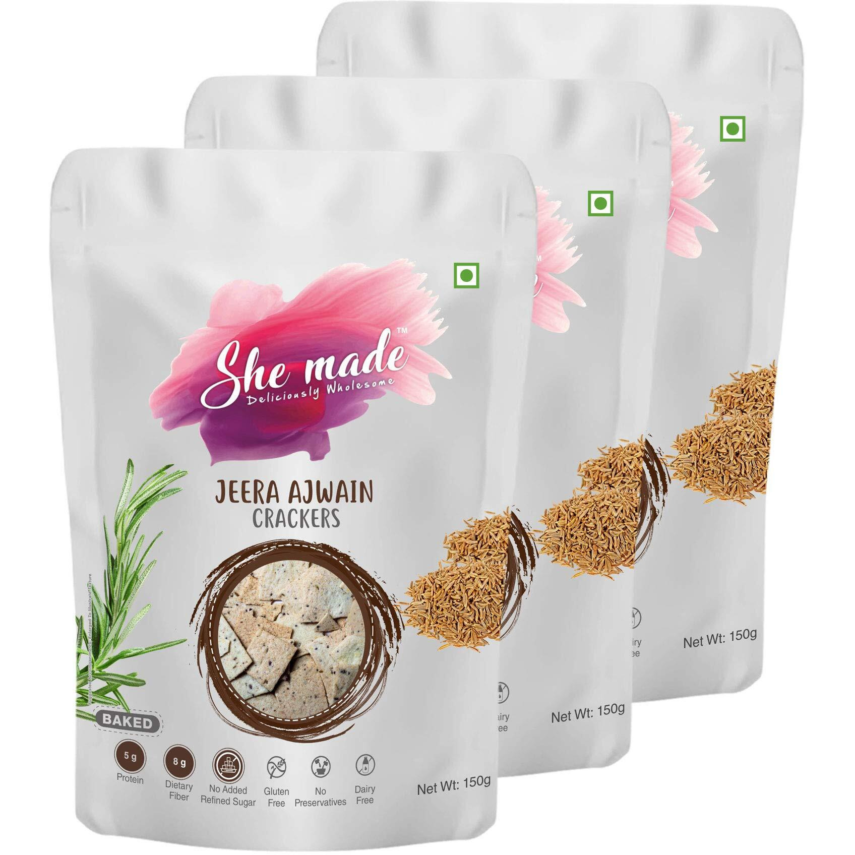 She Made Foods Crackers Biscuit - Pack of 3, Jeera Ajwain Flavour, Vegan & Gluten-Free Snack, Healthy Baked Crackers, Tasty Gourmet Bites (150 grams each)