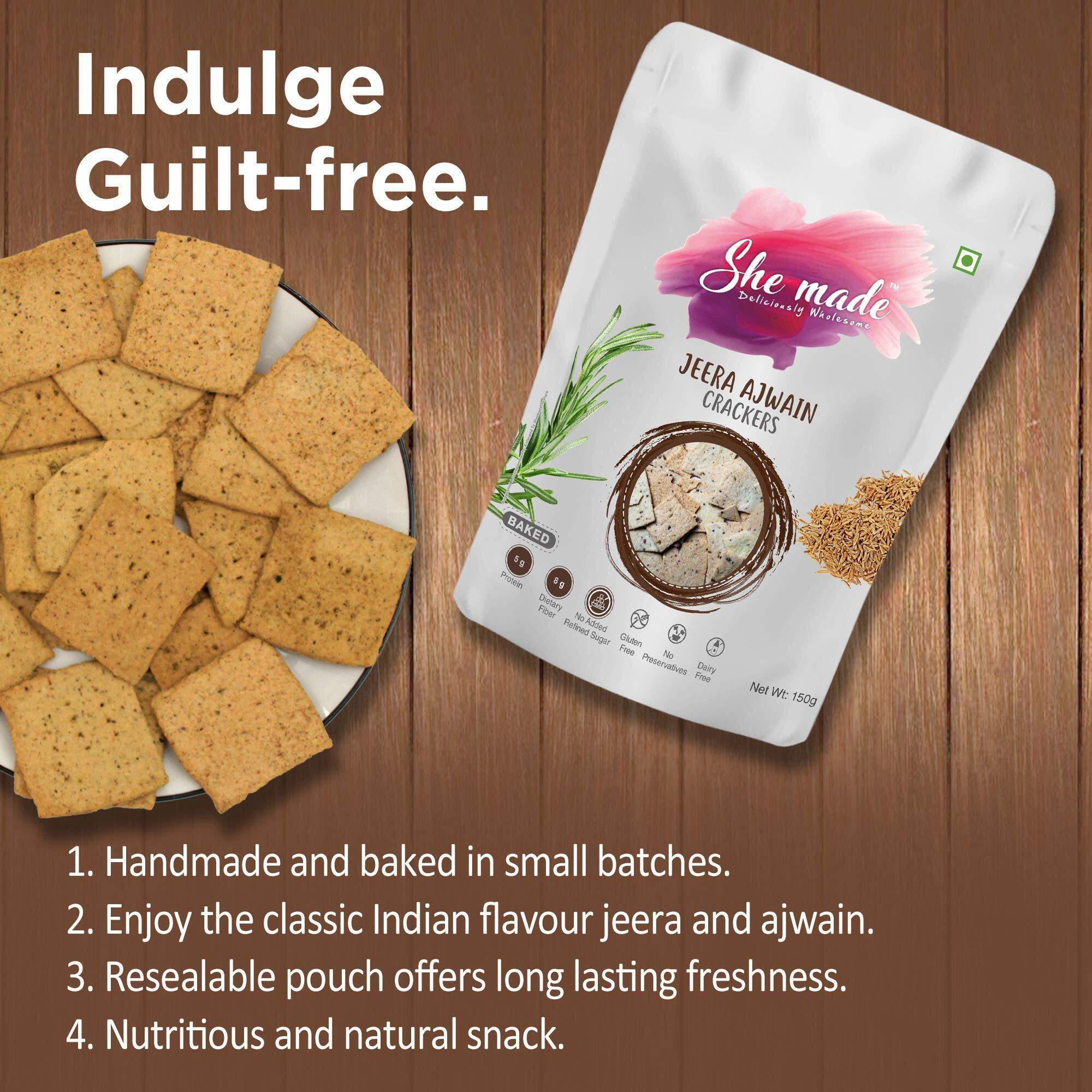 She Made Foods Crackers Biscuit - Pack of 3, Jeera Ajwain Flavour, Vegan & Gluten-Free Snack, Healthy Baked Crackers, Tasty Gourmet Bites (150 grams each)