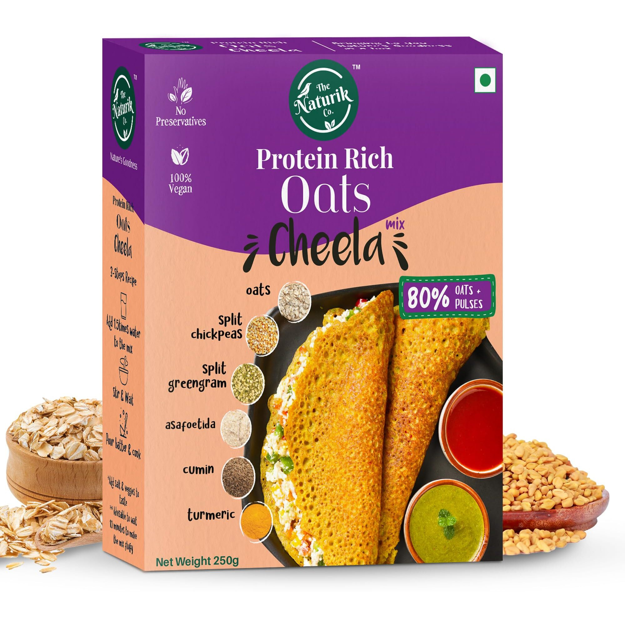 The Naturik Co Oats Cheela Mix - 250 G| Ready to Cook Chilla/Dosa |Healthy & Instant Breakfast | 80% Oats and Pulses | 20G High Protein | Anytime Snack for Kids and Family