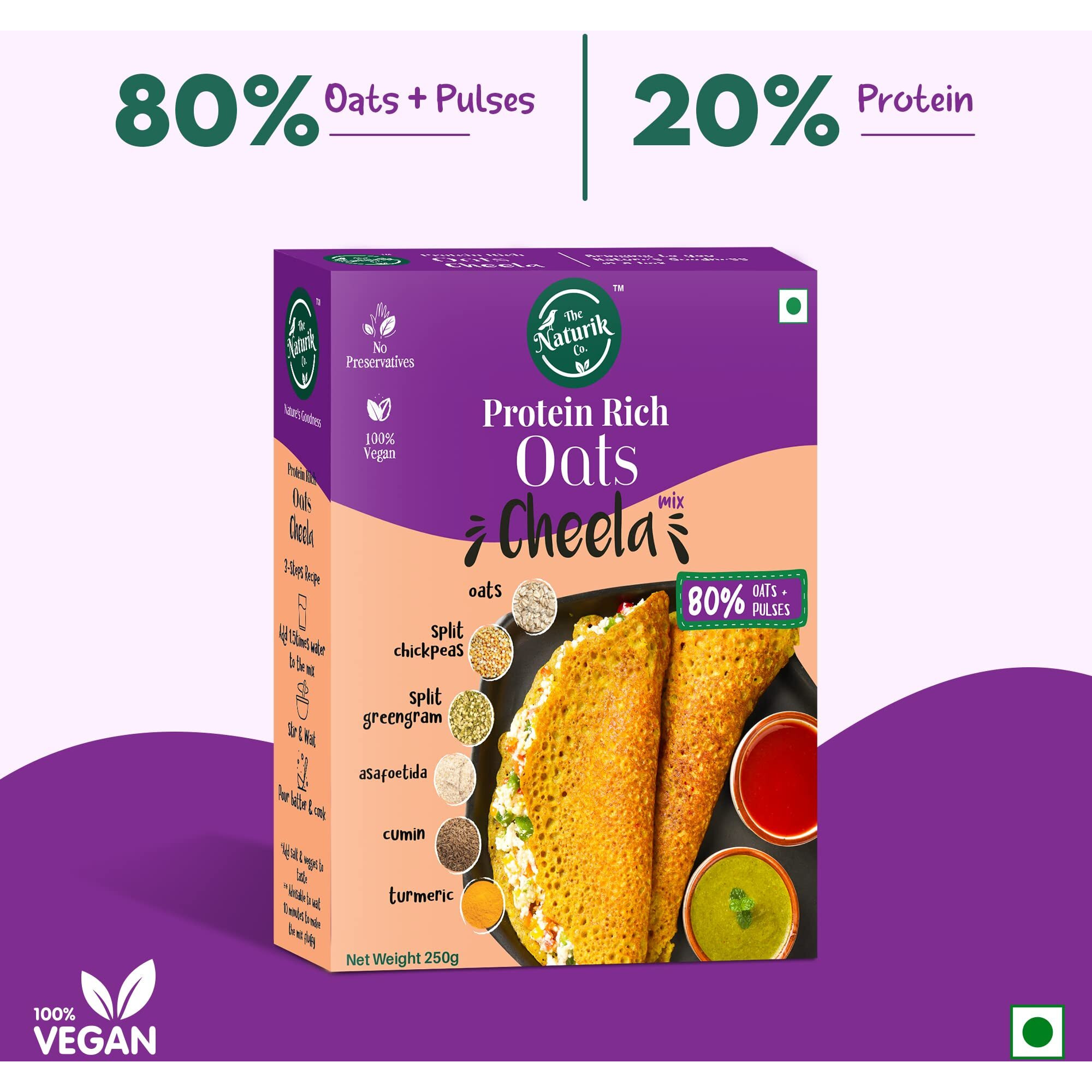 The Naturik Co Oats Cheela Mix - 250 G| Ready to Cook Chilla/Dosa |Healthy & Instant Breakfast | 80% Oats and Pulses | 20G High Protein | Anytime Snack for Kids and Family