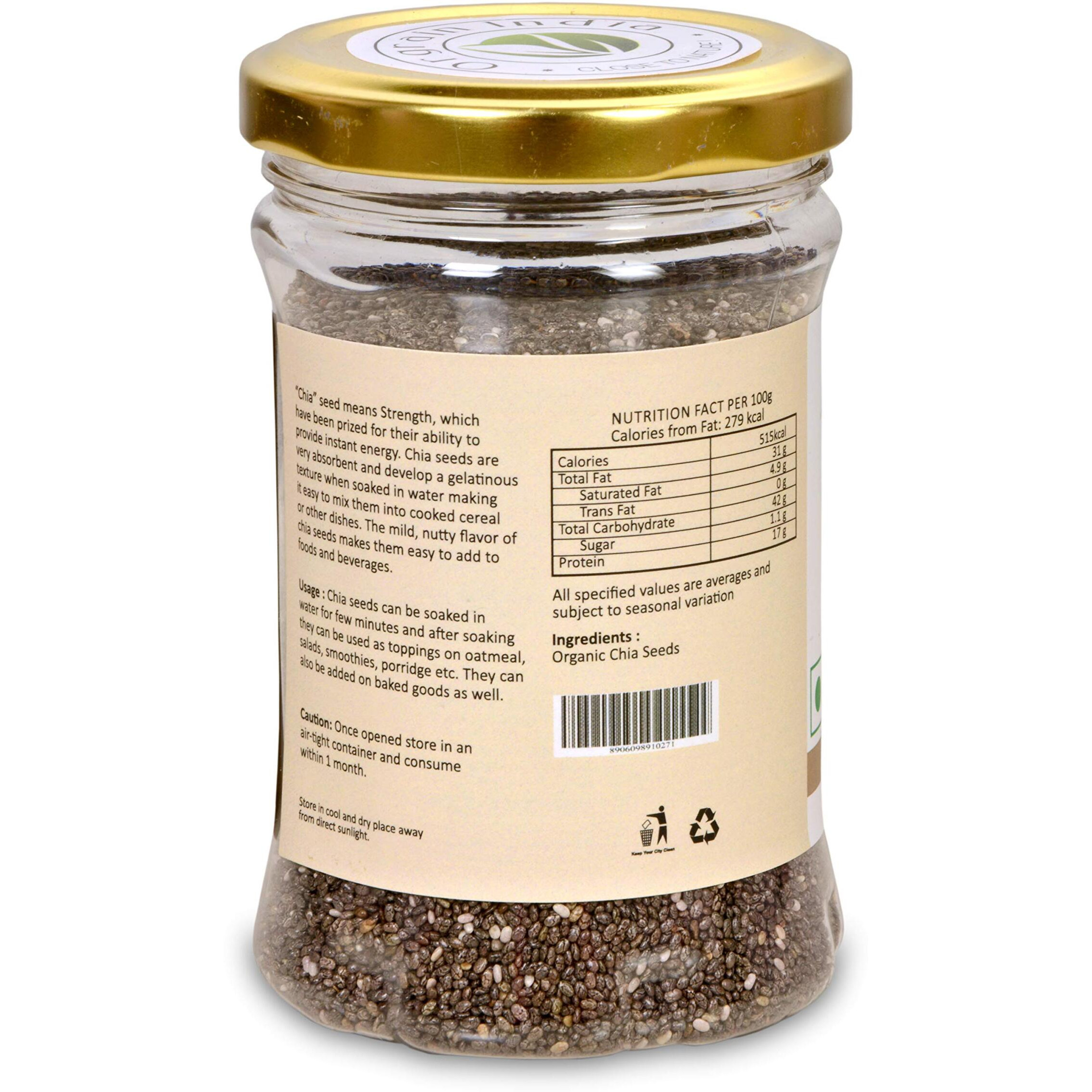 Orgrain India Certified Organic Chia Seeds 160g | Company-Owned Farmlands | Omega 3 | Fiber for Weight Loss