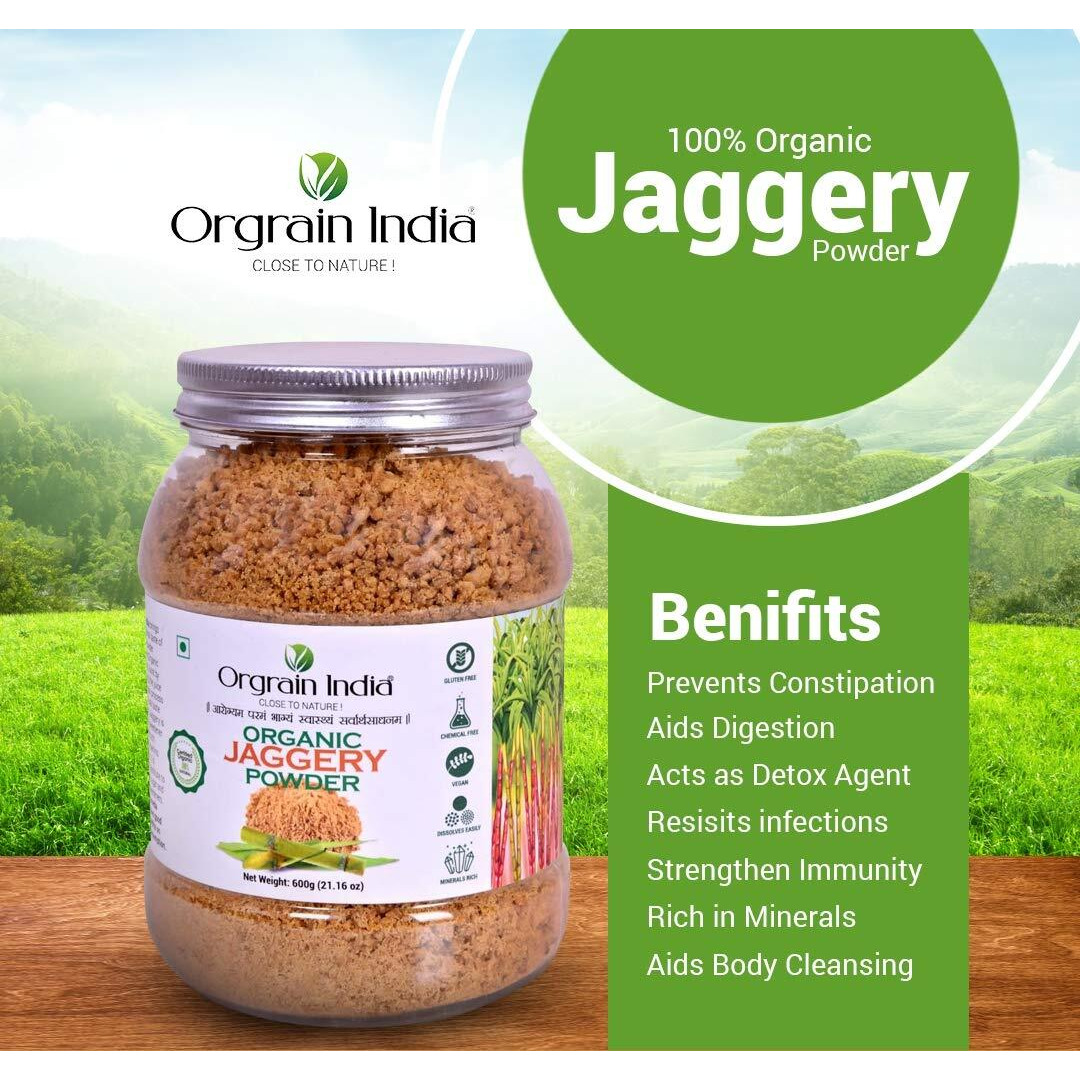 Orgrain India Organic Jaggery Powder, 600g (Pack of 1*600g) | Hand Crushed Gur Powder | Organically Grown | No Preservatives Added | No Artificial Flavors