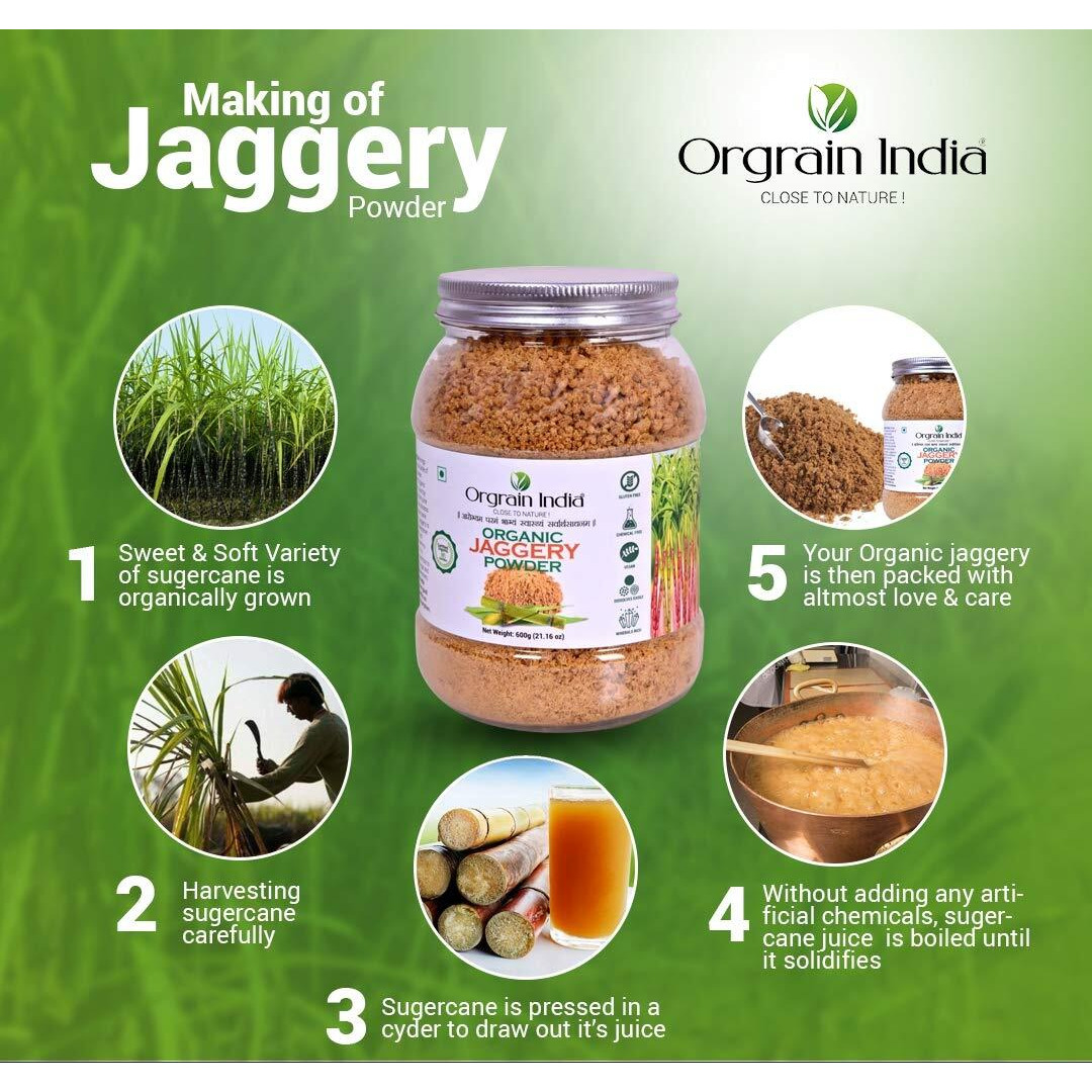 Orgrain India Organic Jaggery Powder, 600g (Pack of 1*600g) | Hand Crushed Gur Powder | Organically Grown | No Preservatives Added | No Artificial Flavors